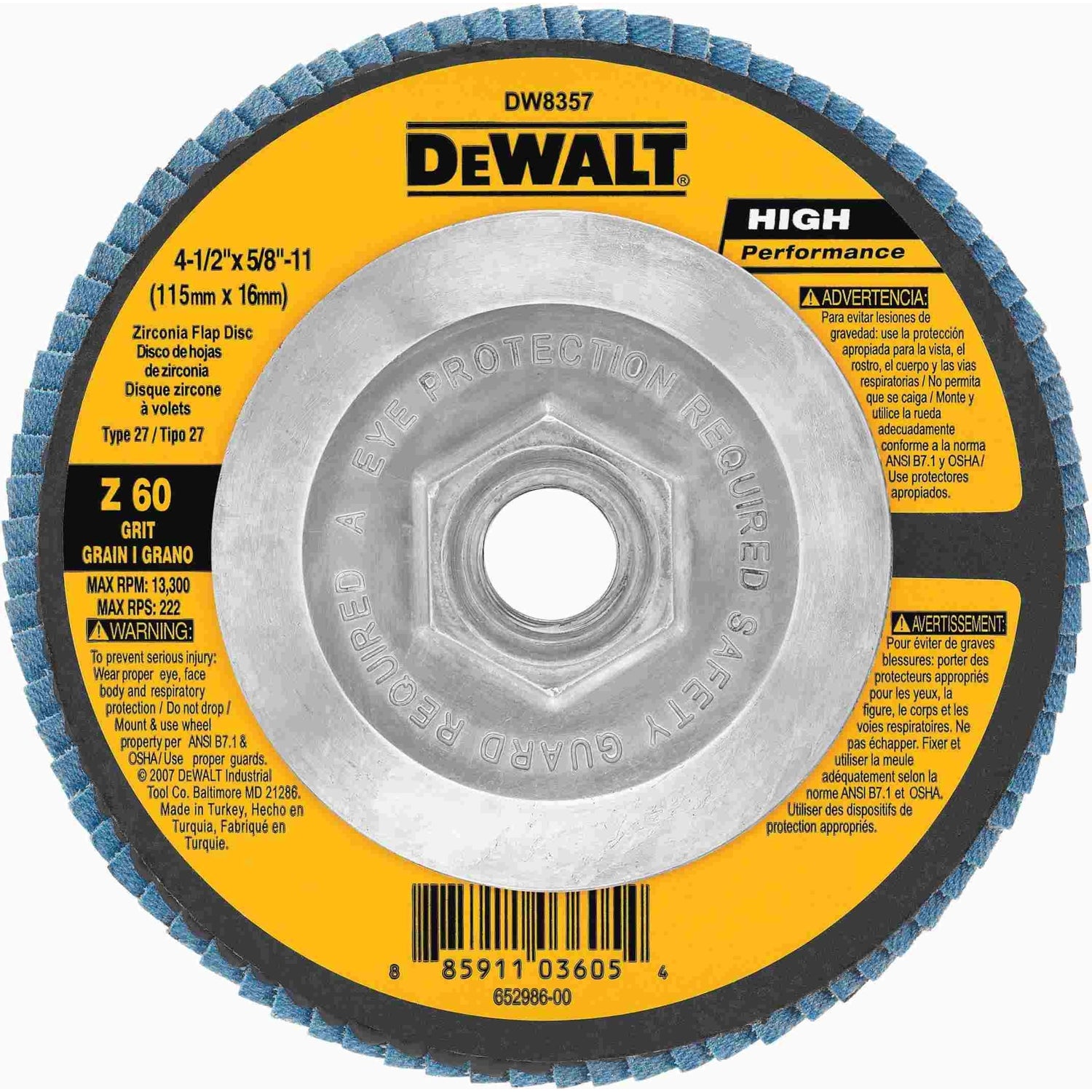 DeWalt DW8357 4-1/2" x 5/8"-11 60g Type 27 HP Flap Disc