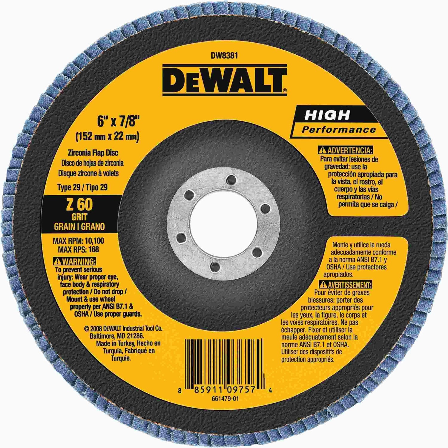DeWalt DW8381 6" x 7/8" 60g Type 29 HP Flap Disc