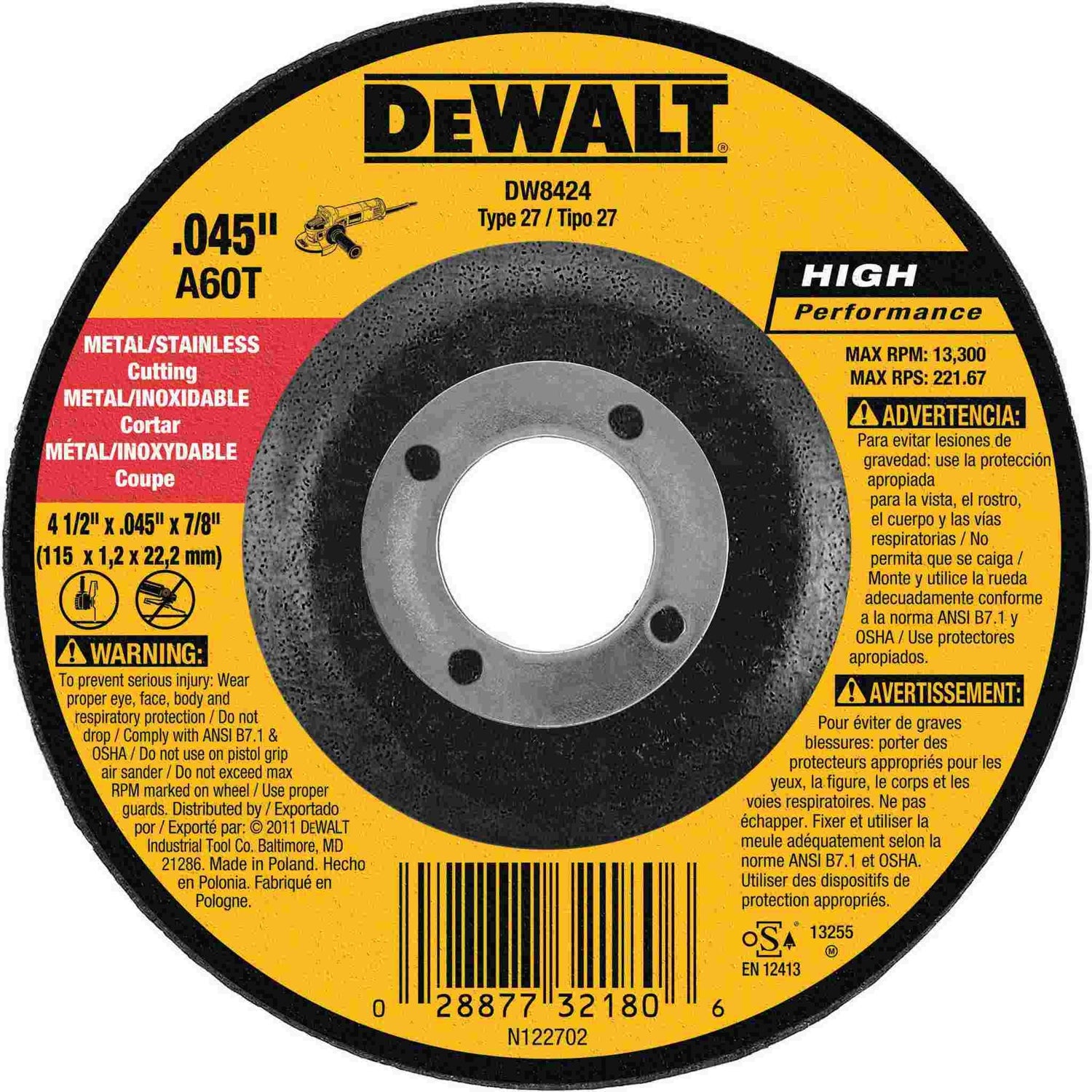 DeWalt DW8424 4-1/2" X .045" X 7/8" Metal Cutting Wheel