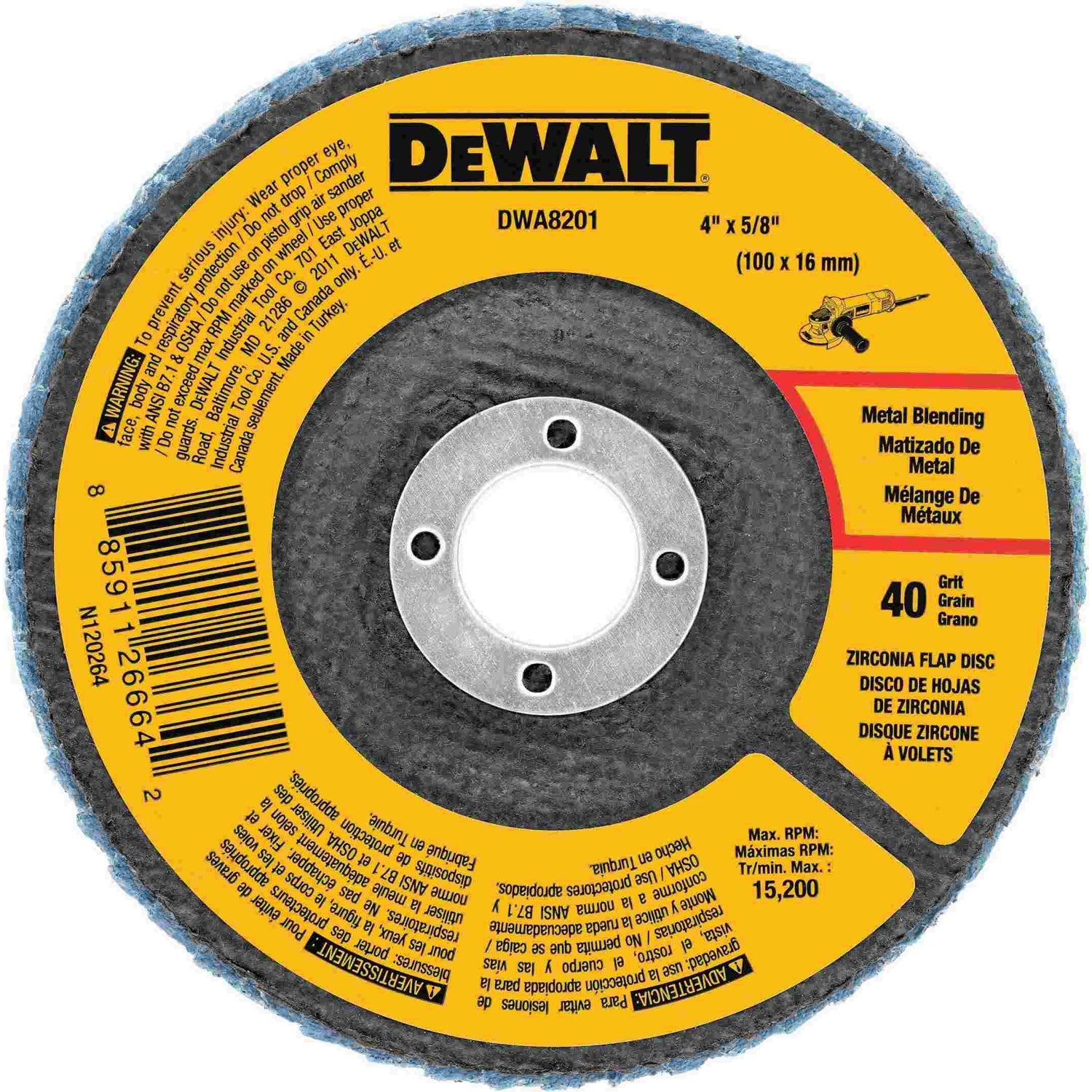 DeWalt DWA8201 4" x 5/8" 40 Grit Zirconia T29 Flap Disc