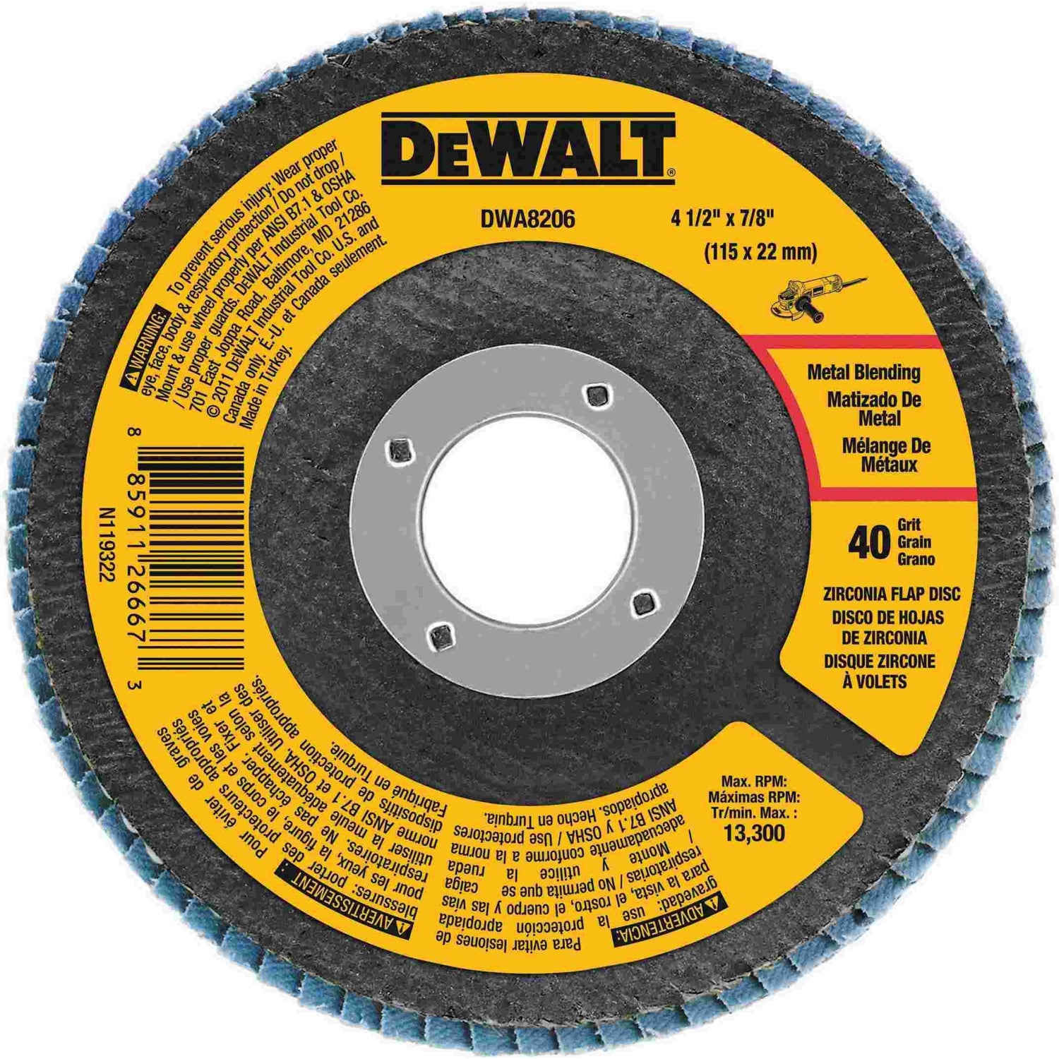 DeWalt DWA8206 4-1/2" x 7/8" 40 Grit Zirconia T29 Flap Disc