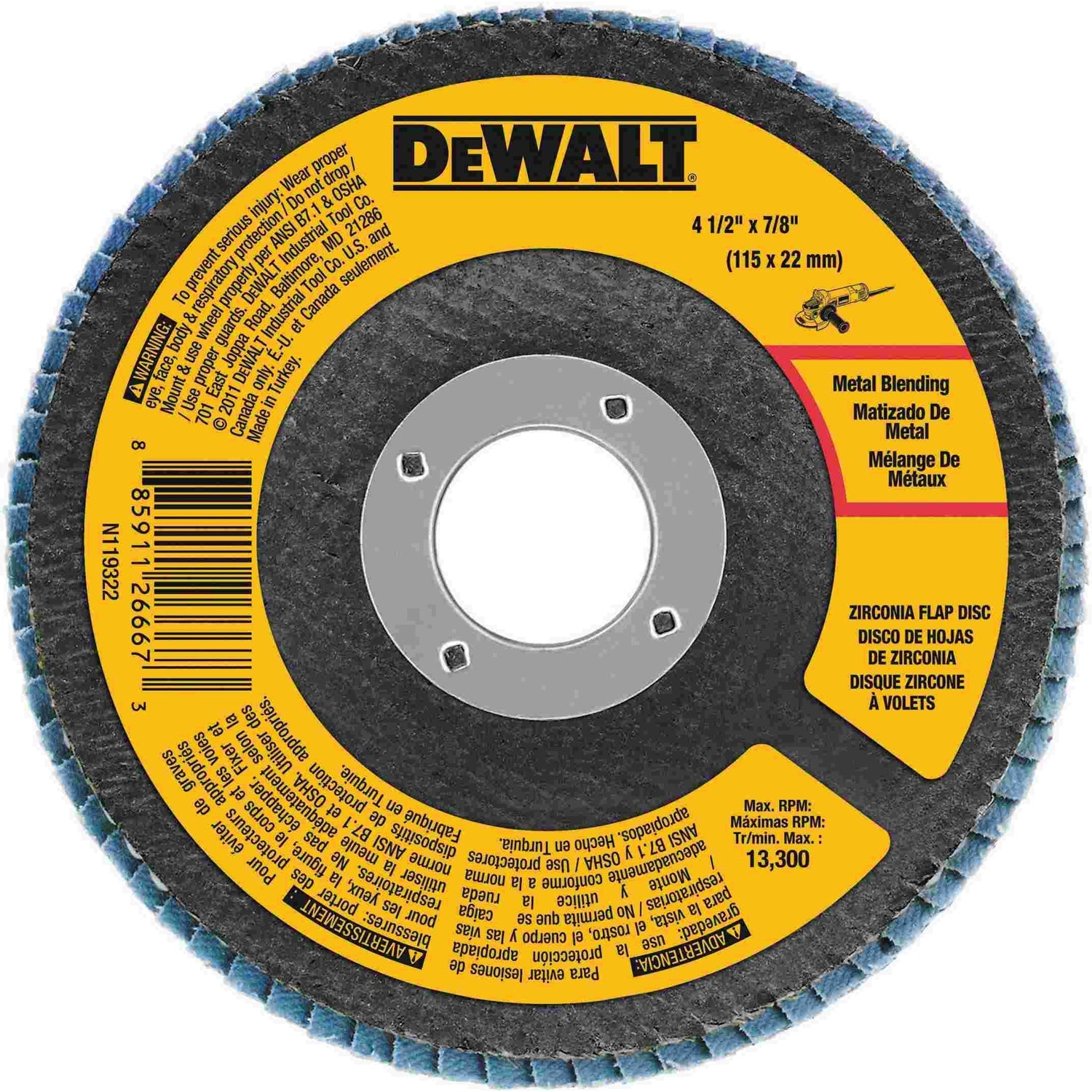 DeWalt DWA8208 4-1/2" x 7/8" 80 Grit Zirconia T29 Flap Disc