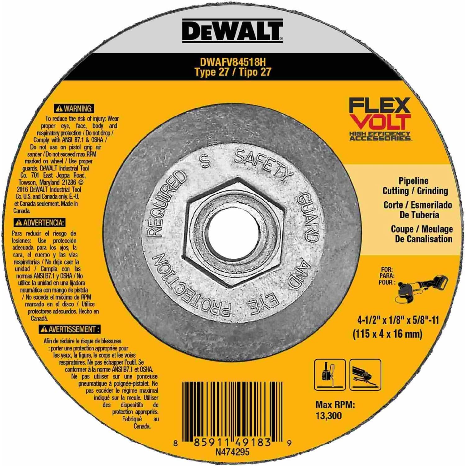 Dewalt DWAFV84518H 4-12" x 1/8" x 5/8"-11 T27 FlexVolt Cutting and Grinding Wheel