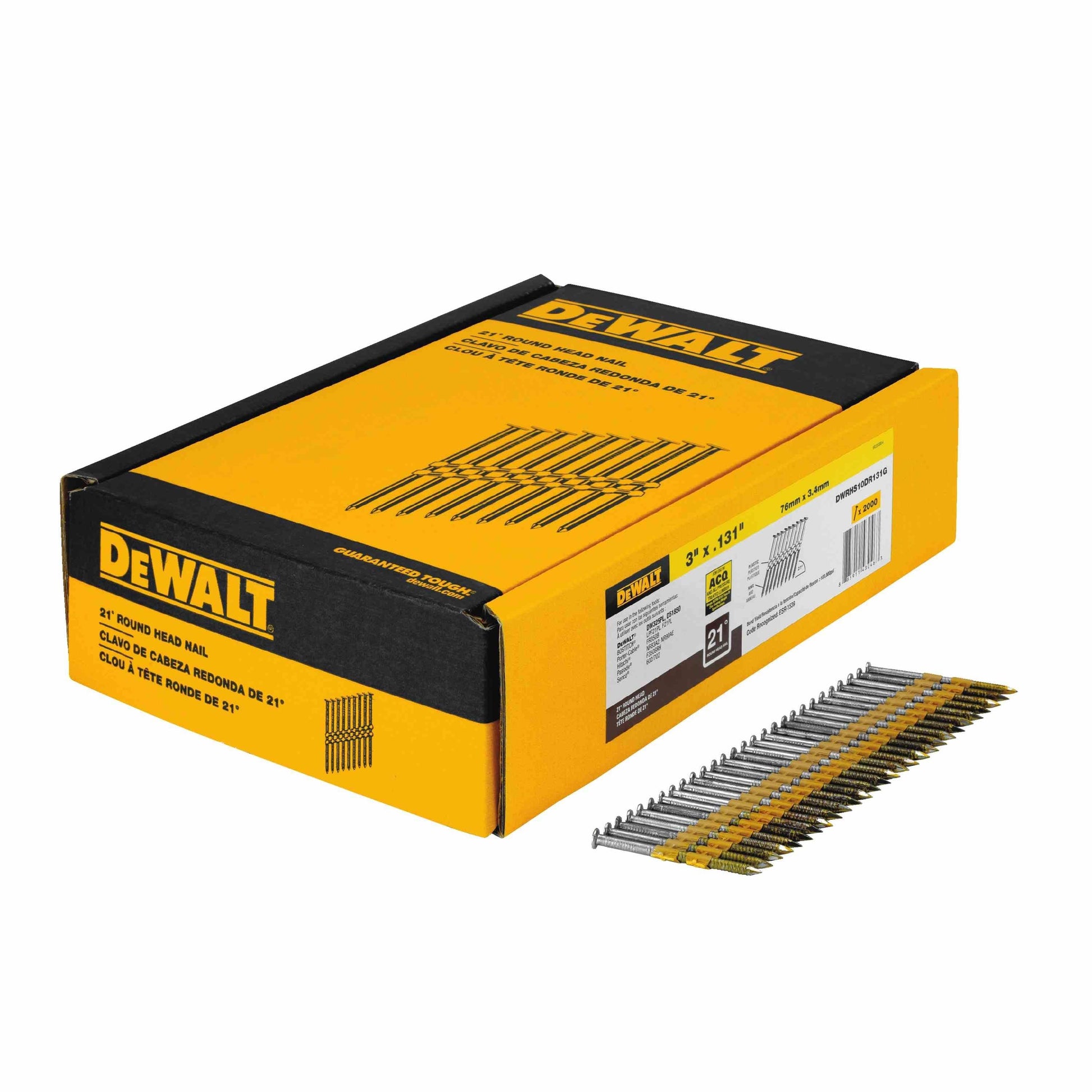 DeWalt DWRHS10D131 3-Inch x .131-Inch Plastic Collated 21 degree Smooth Bright Full Round Head Nail 2,000-Pack