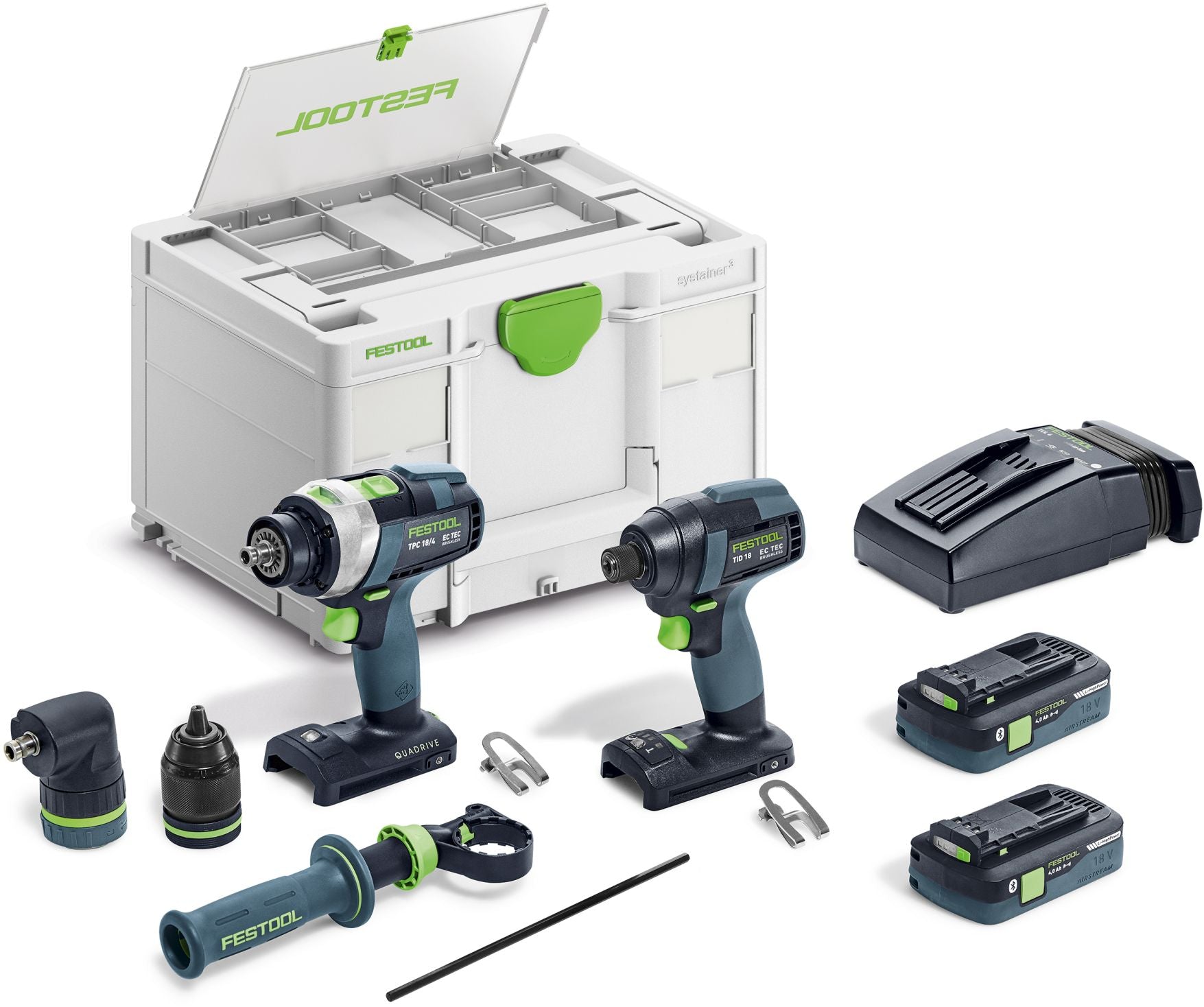 Festool 577616 QUADRIVE TPC 18/4 Cordless Hammer Drill and TID 18 Cordless Impact Screwdriver Combo Kit w/ Systainer3