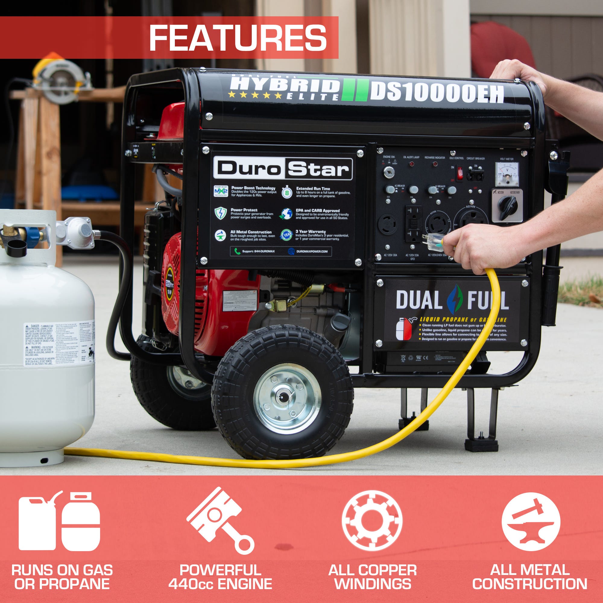 DuroStar DS10000EH 10,000-Watt 439cc Dual Fuel Hybrid Generator w/ Electric Start