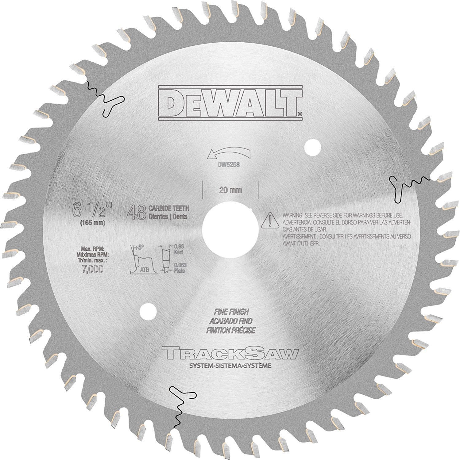 DeWalt DW5258 Precision Ground 6-1/2 in. Woodworking 48-Tooth Blade for Track Saws