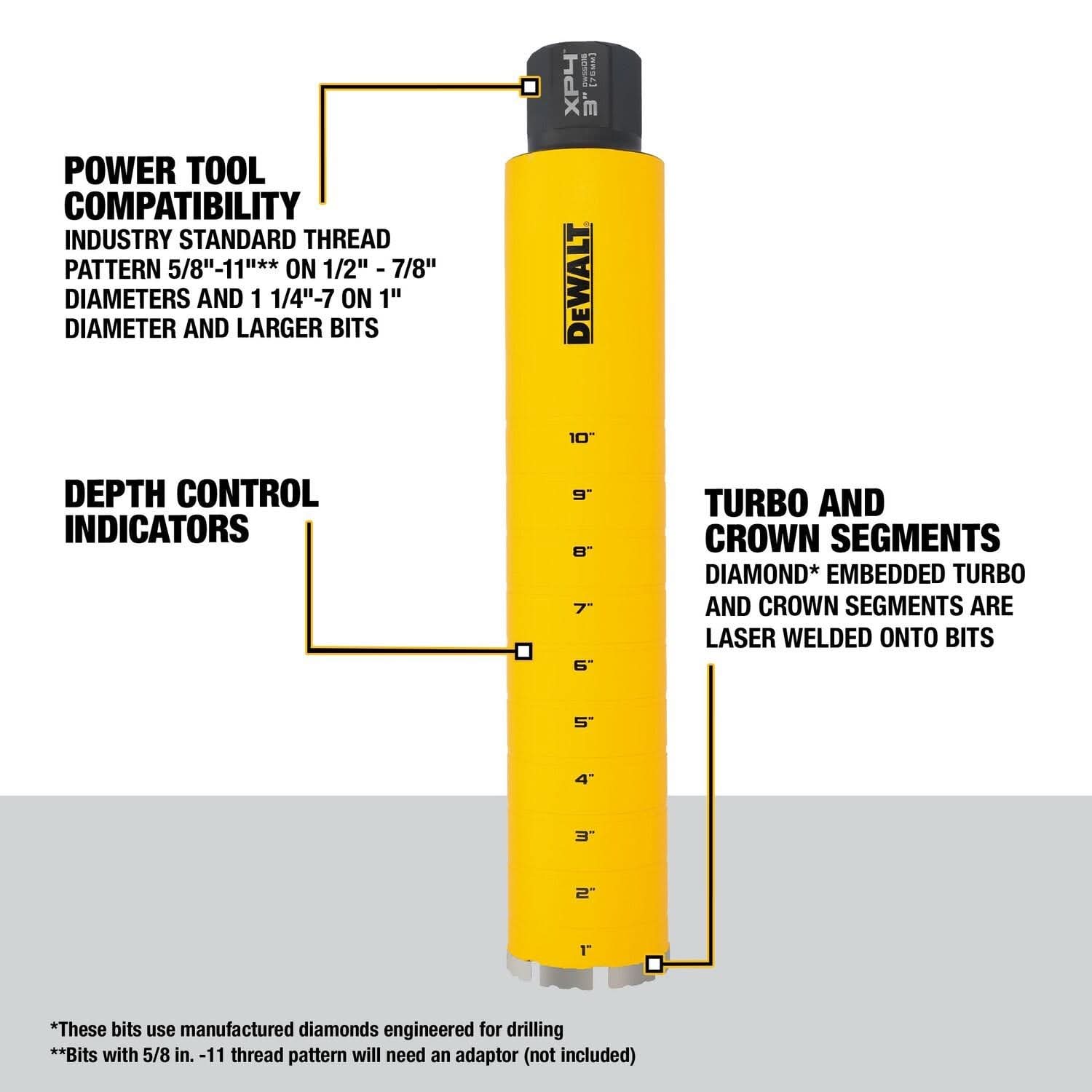 DeWalt DW55016 Diamond Core Drilling Bit, Turbo Segment, 3 in. (Dia) x 14 in. (L), 1-1/4 in.-7 Thread