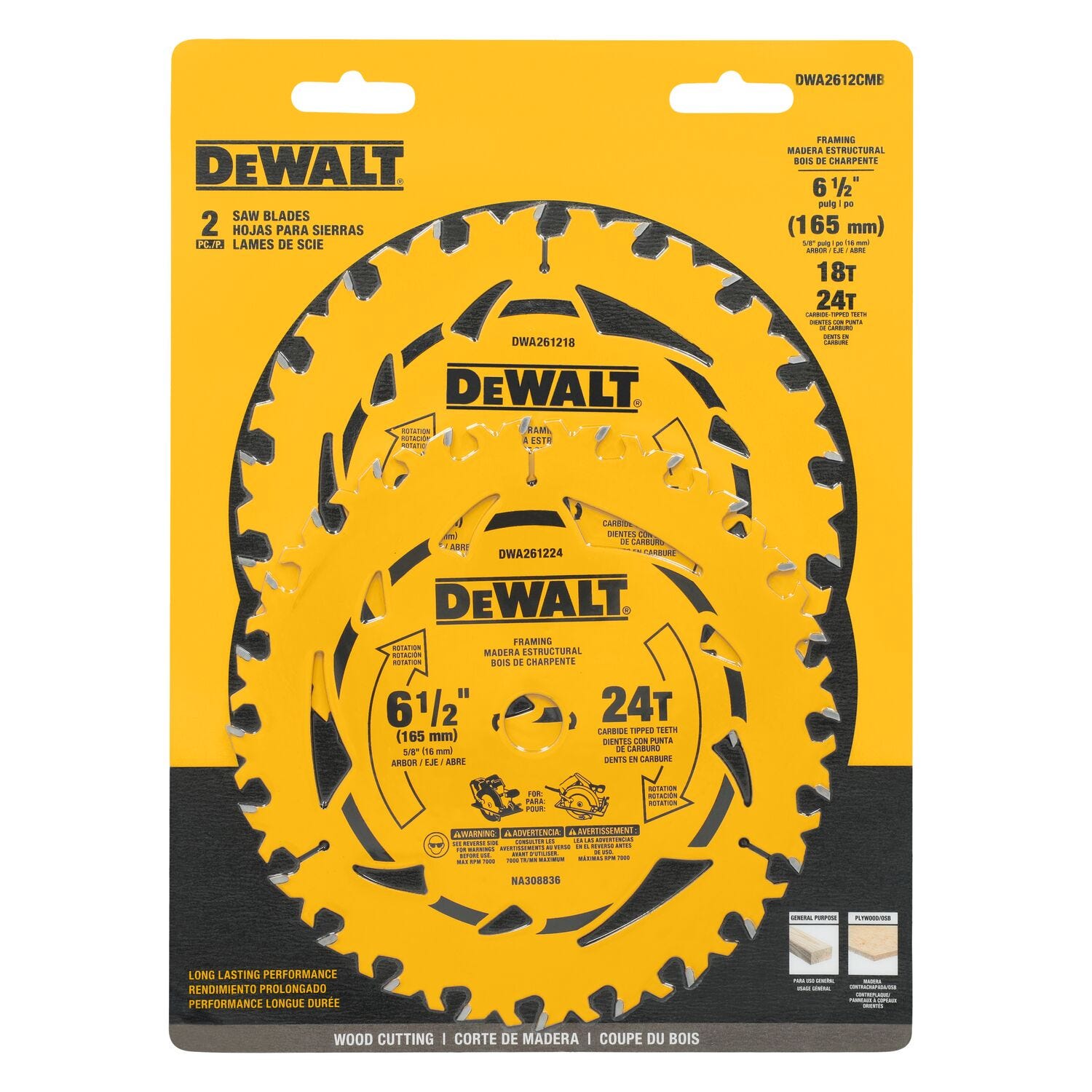 DeWalt DWA2612CMB 6-1/2 in. 18T + 24T Carbide-Tipped Framing Saw Blade Combo Pack