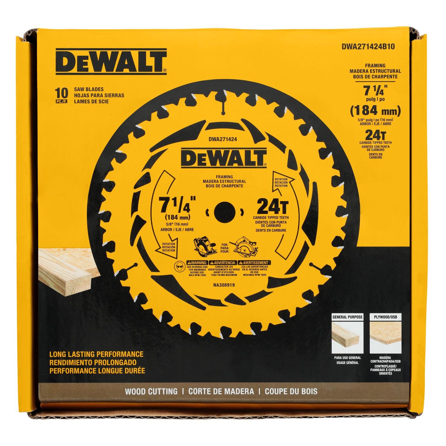 DeWalt DWA271424B10 7-1/4 in. 24T Carbide-Tipped Framing Saw Blade (10-Pack)