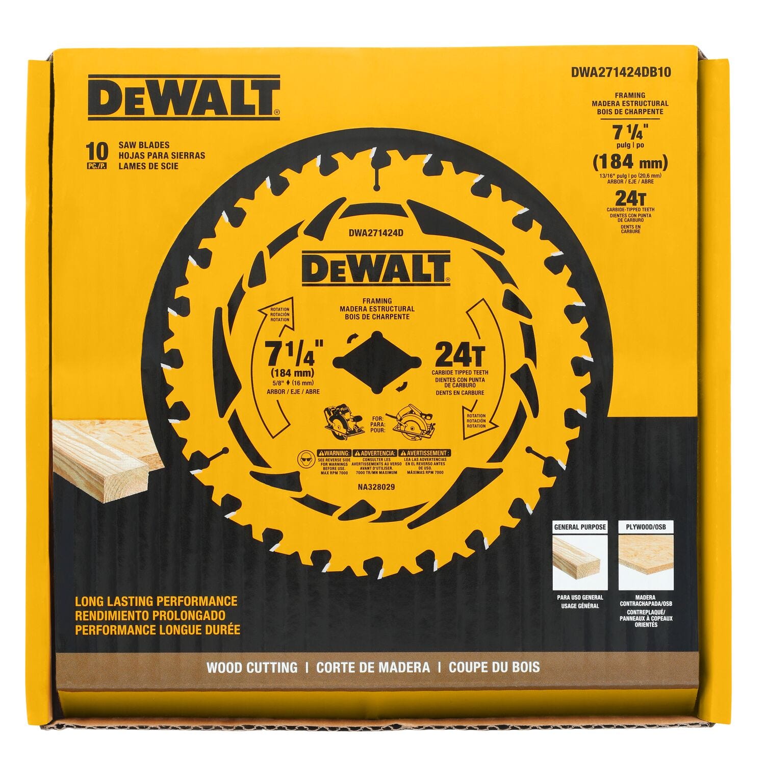 DeWalt DWA271424DB10 7-1/4 in. 24T Carbide-Tipped Faming Saw Blade, Diamond Arbor (10-Pack)