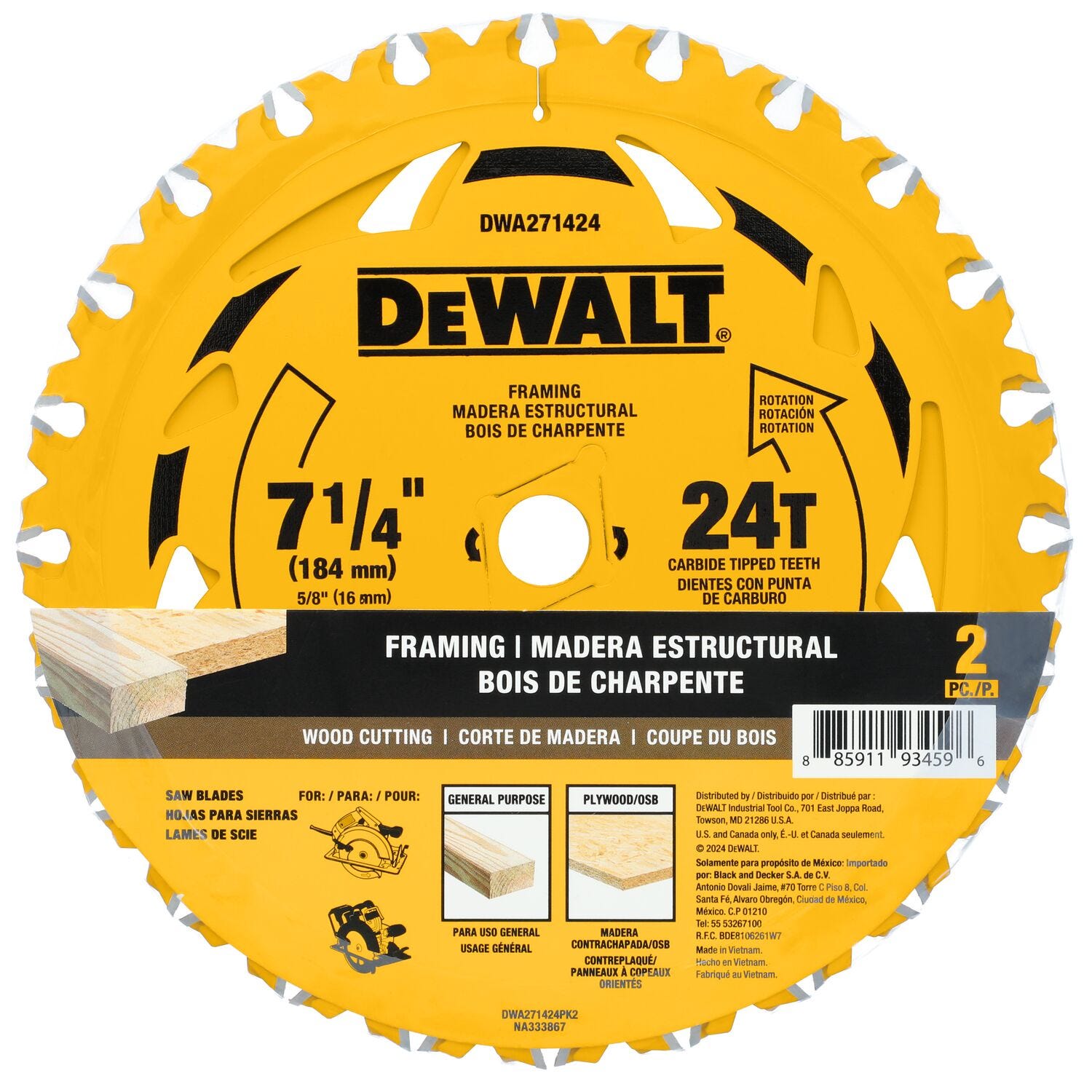DeWalt DWA271424PK2 7-1/4 in. 24T Carbide-Tipped Framing Saw Blade (2-Pack)