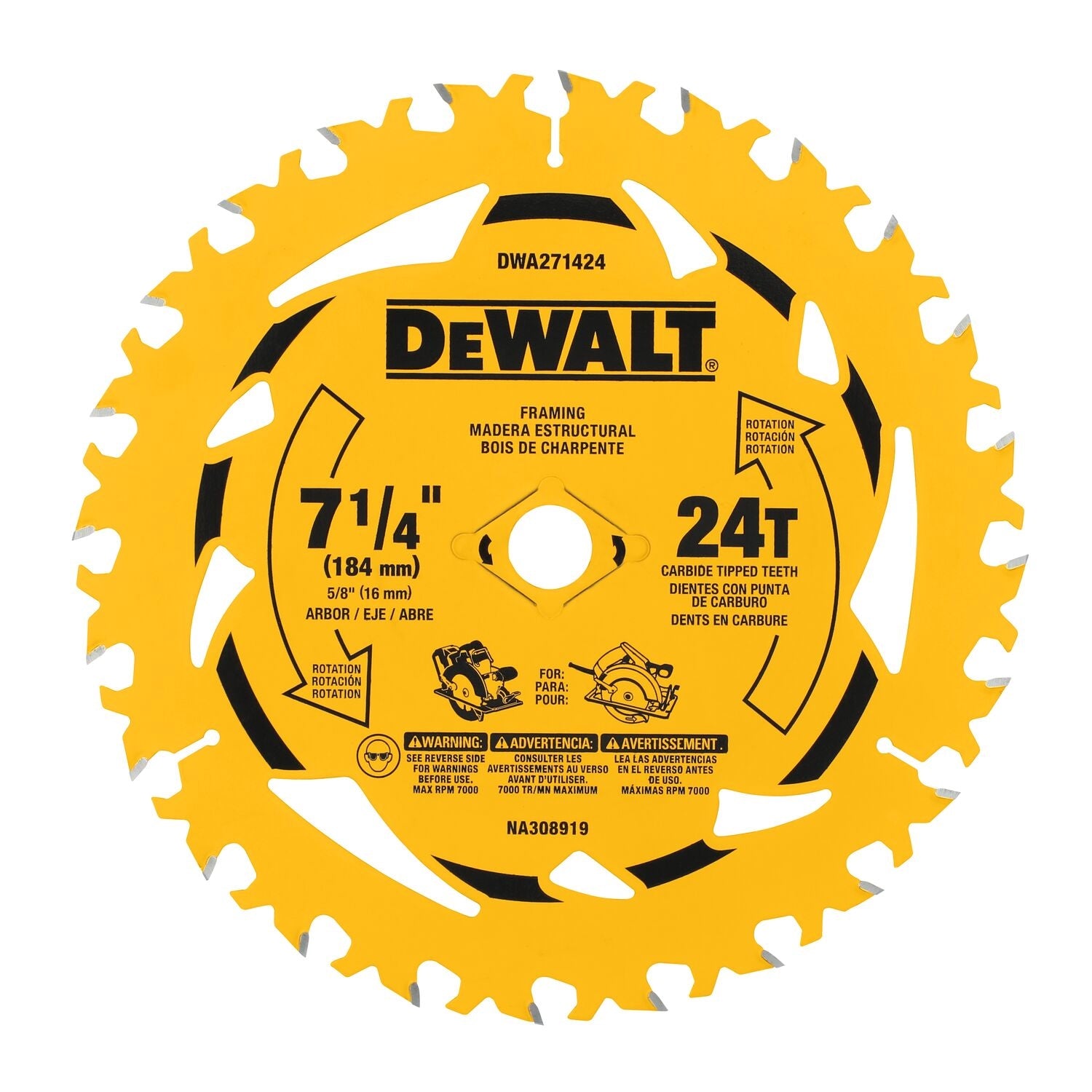 DeWalt DWA271424PK3 7-1/4 in. 24T Carbide-Tipped Framing Saw Blade (3-Pack)