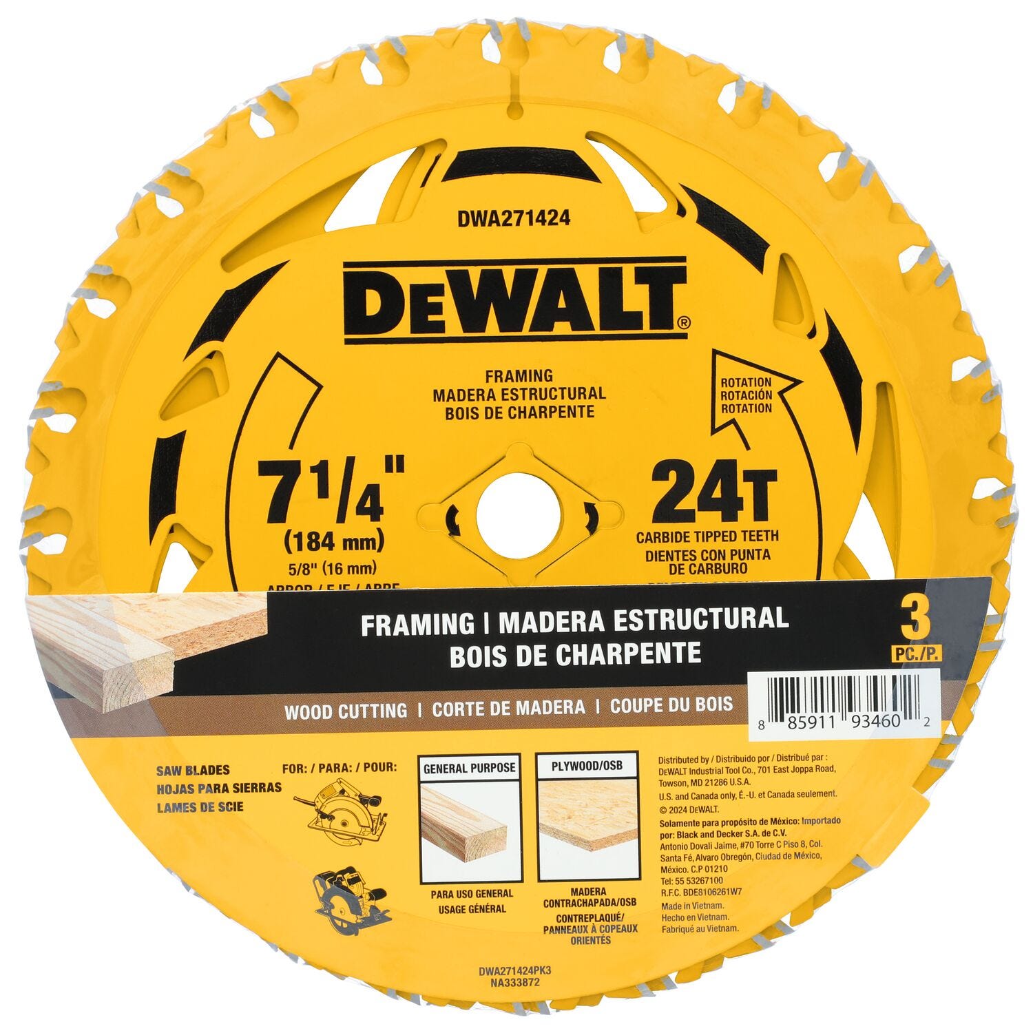 DeWalt DWA271424PK3 7-1/4 in. 24T Carbide-Tipped Framing Saw Blade (3-Pack)