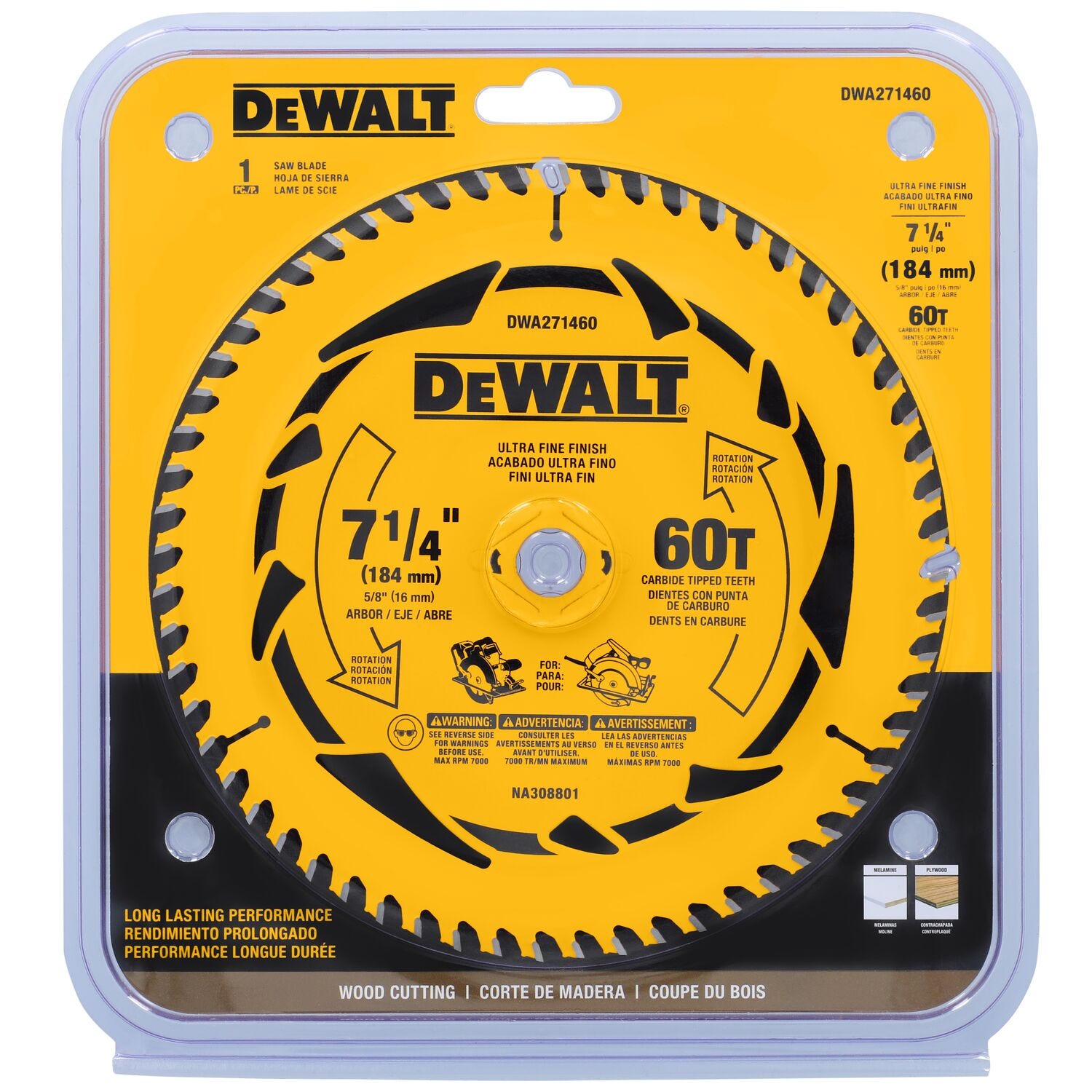 DeWalt DWA271460 7-1/4 in. 60T Carbide-Tipped Ultra Fine Finish Saw Blade