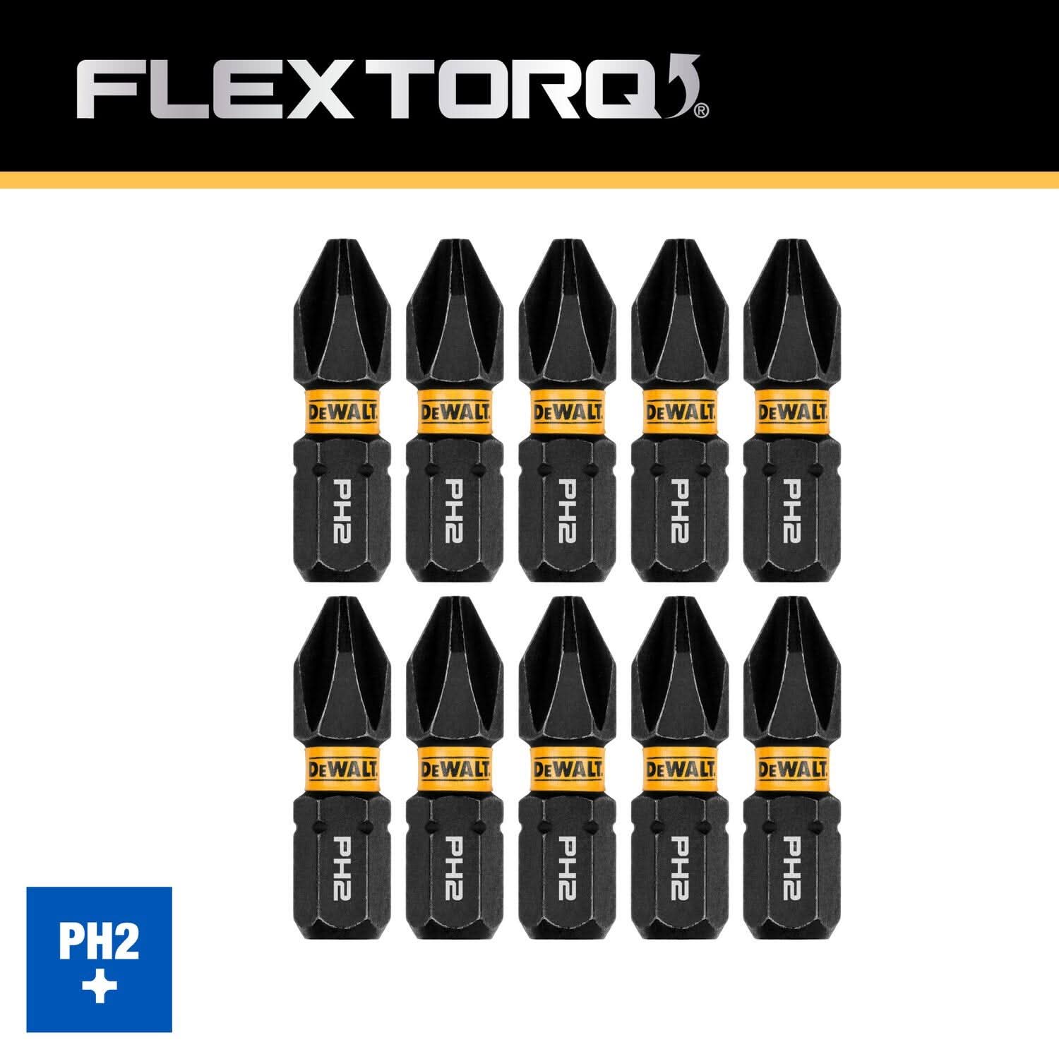 DeWalt DWAF1PH2IR10 FlexTorq Impact Ready Screwdriving Bit, PH2, 1 in. (10-Pack)