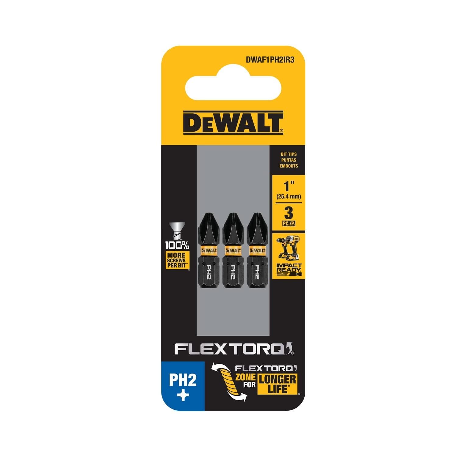DeWalt DWAF1PH2IR3 FlexTorq Impact Ready Screwdriving Bit, PH2, 1 in. (3-Pack)