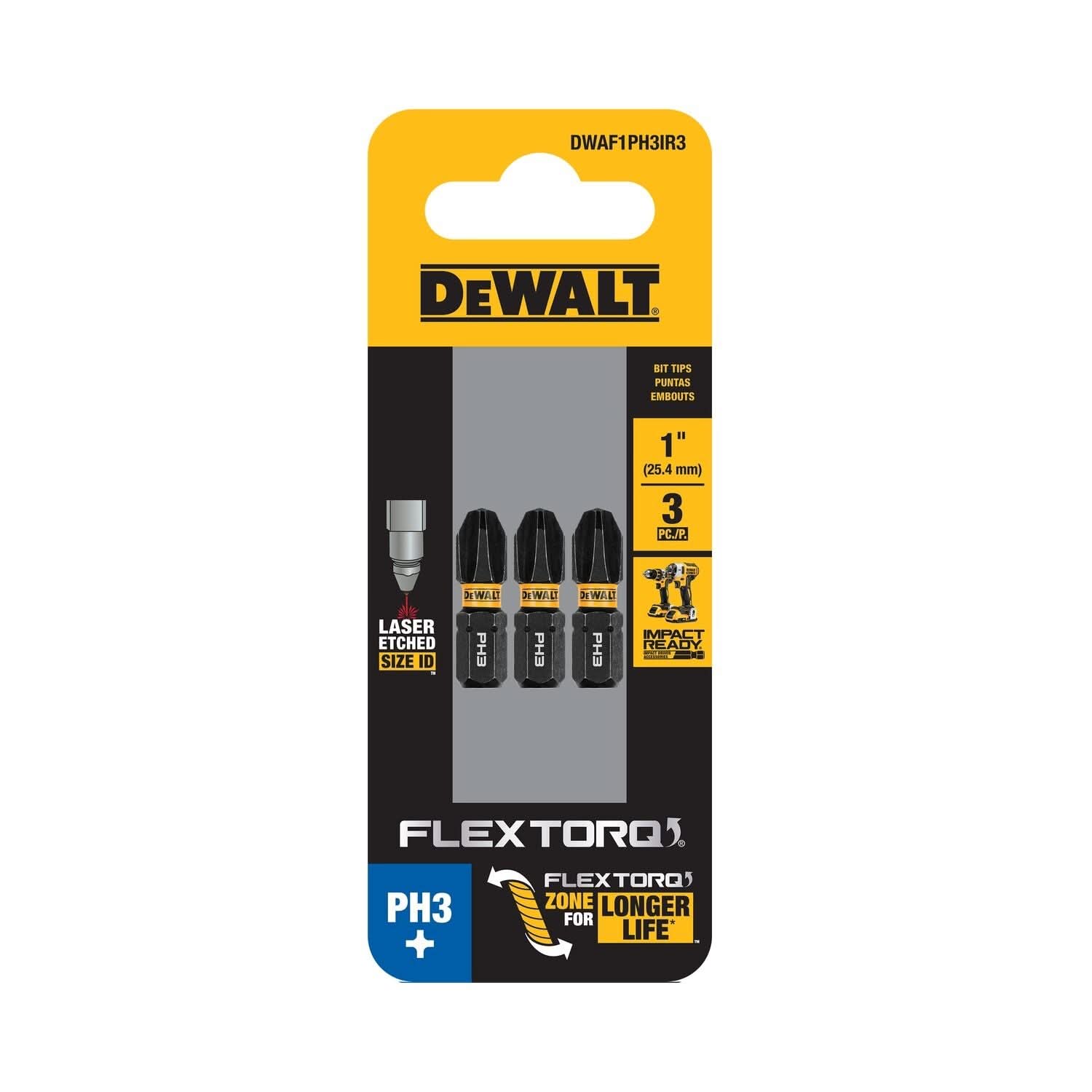 DeWalt DWAF1PH3IR3 FlexTorq Impact Ready Screwdriving Bit, PH3, 1 in. (3-Pack)