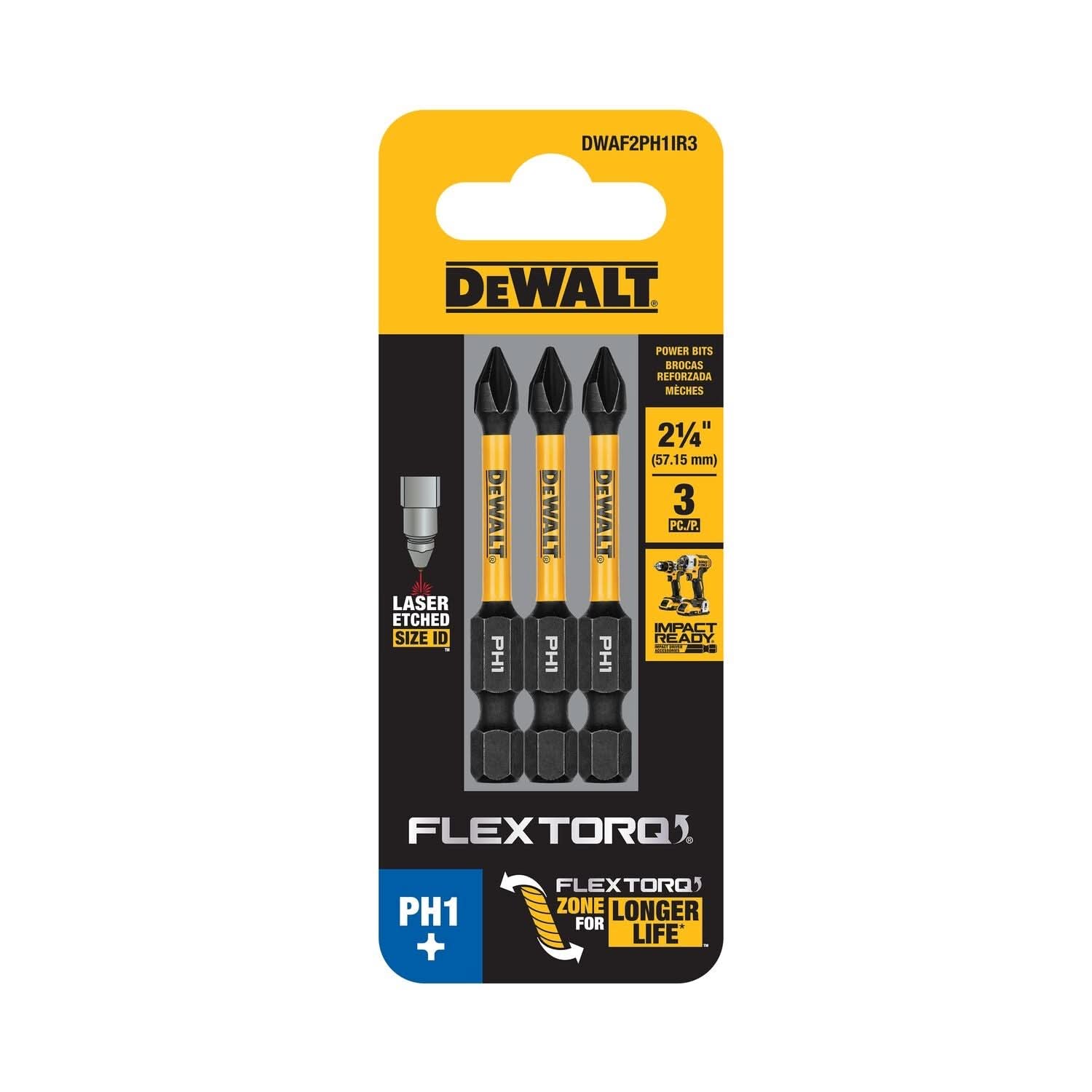 DeWalt DWAF2PH1IR3 FlexTorq Impact Ready Screwdriving Bit, PH1, 2-1/4 in. (3-Pack)