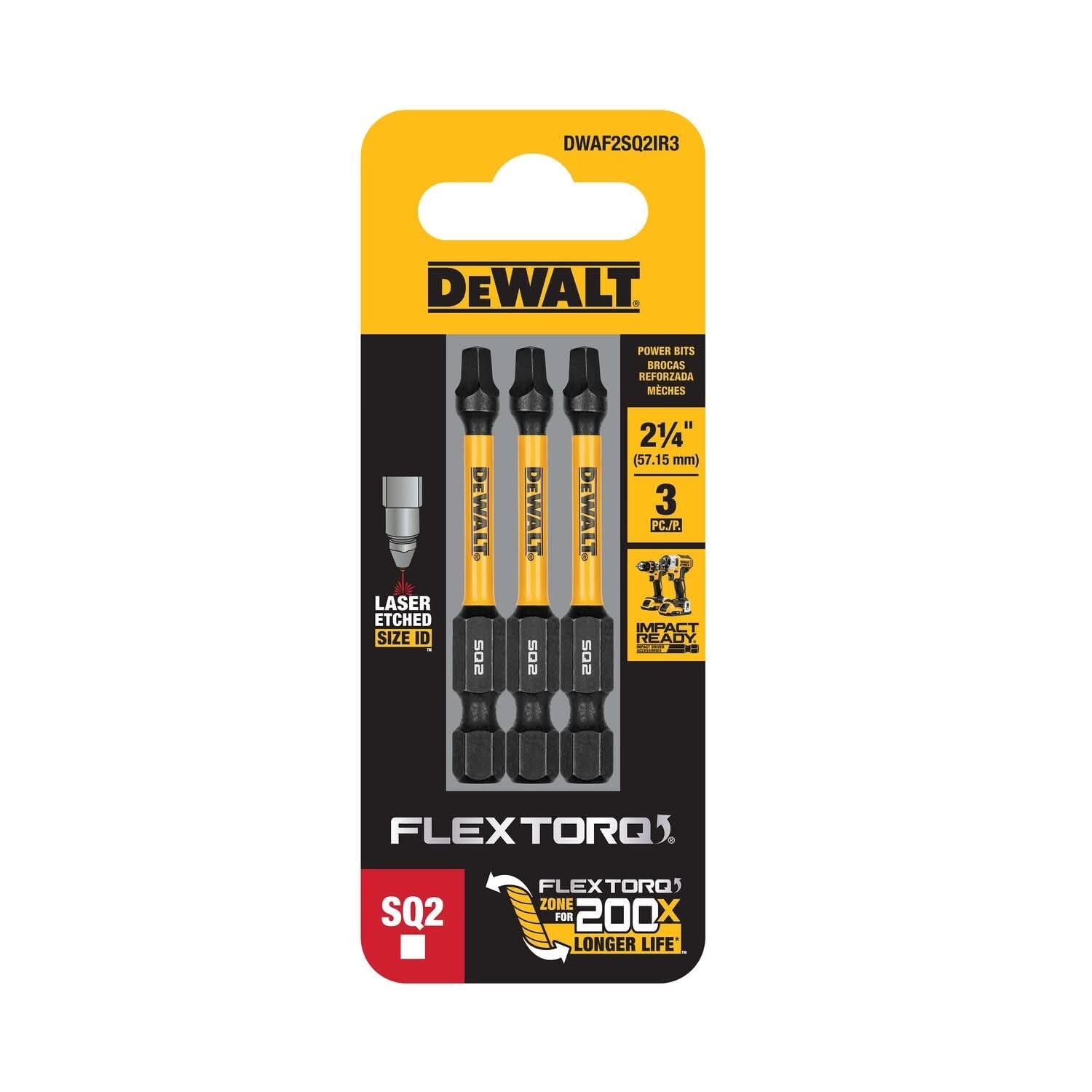DeWalt DWAF2SQ2IR3 FlexTorq Impact Ready Screwdriving Bit, SQ2, 2-1/4 in. (3-Pack)
