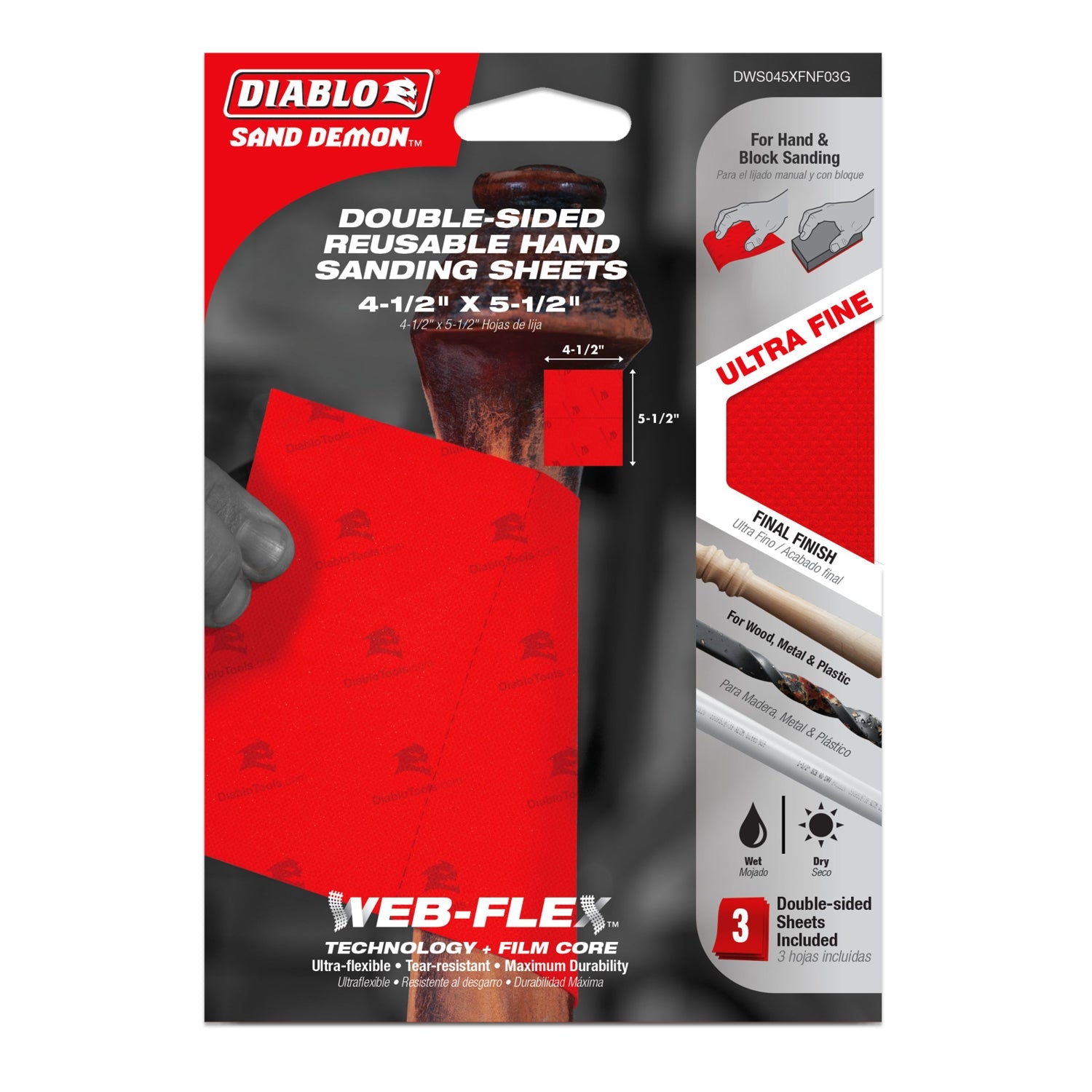 Diablo DWS045XFNF03G 3-Piece Sand Demon 4-1/2 in. x 5-1/2 in. Ultra Fine Grit Handing Sanding Sheet Assortment Set