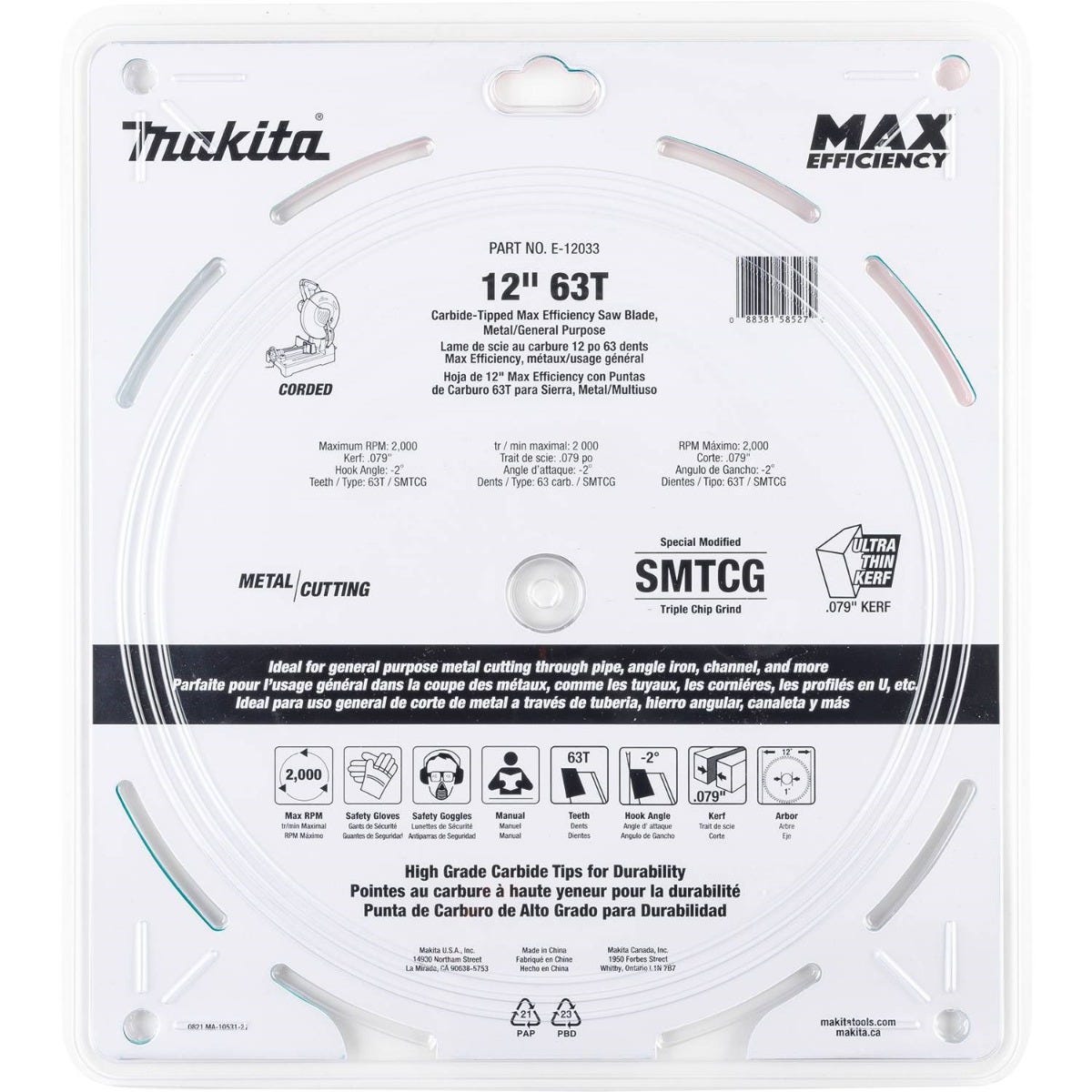 Makita E-12033 12" 63T Carbide-Tipped Max Efficiency Saw Blade, Metal/General Purpose