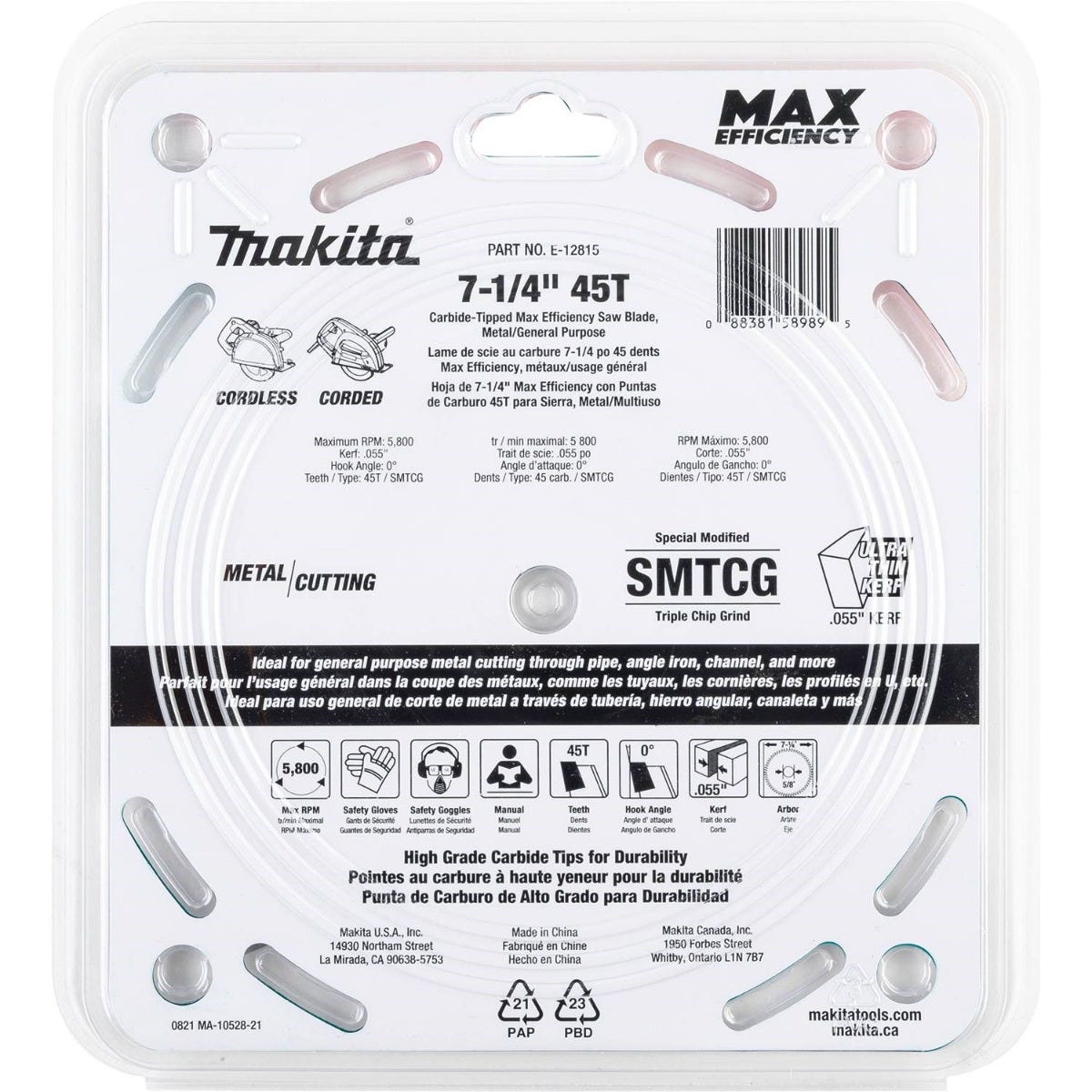 Makita E-12815 7-1/4" 45T Carbide-Tipped Max Efficiency Saw Blade, Metal/General Purpose