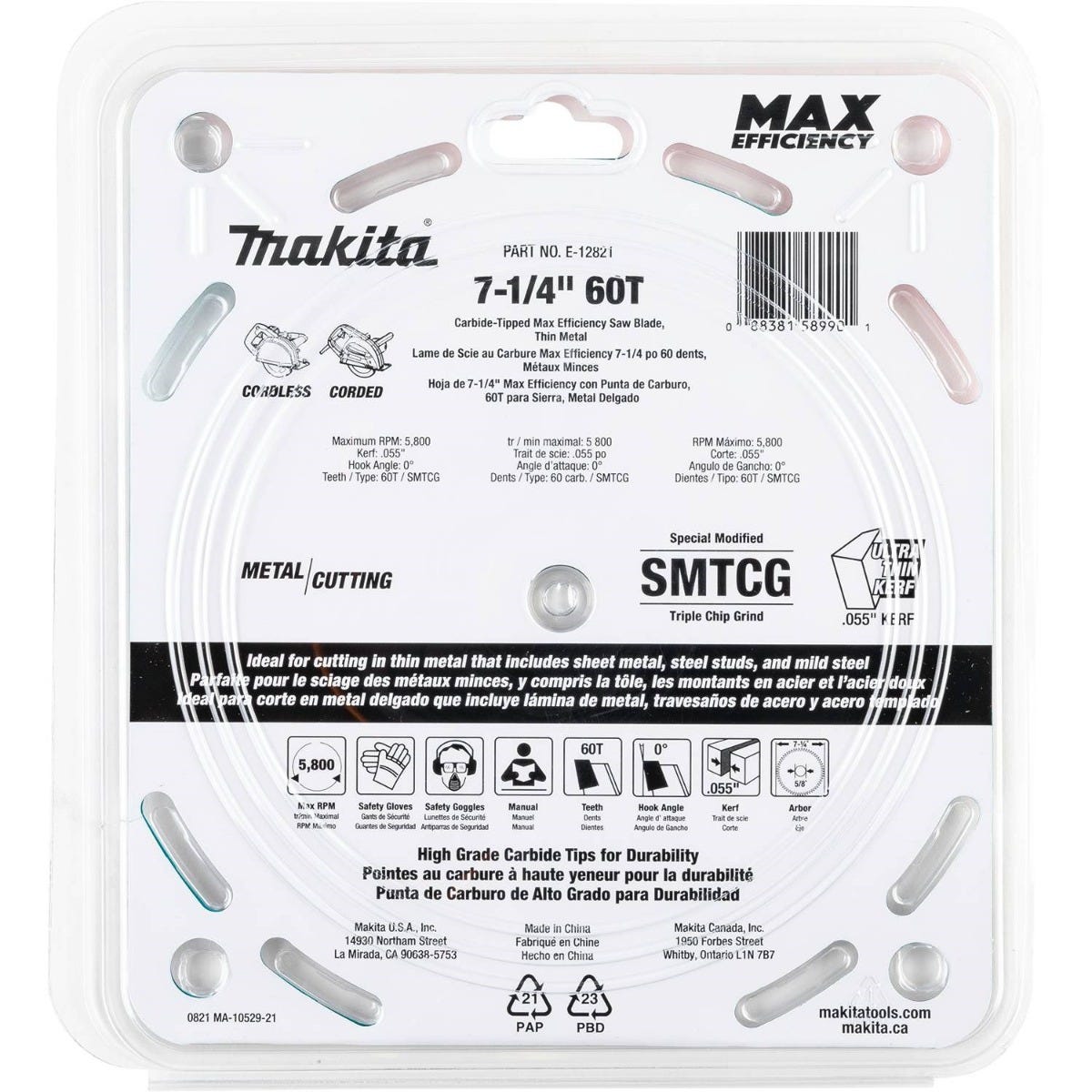 Makita E-12821 7-1/4" 60T Carbide-Tipped Max Efficiency Saw Blade, Metal/Stainless Steel
