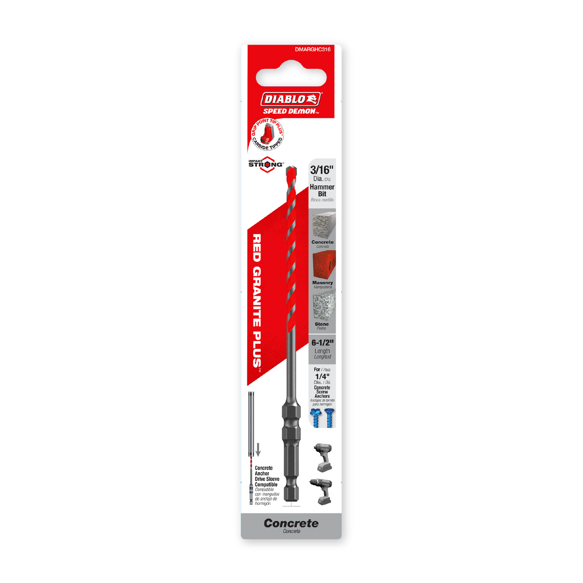 Diablo 3/16 in. x 4-1/2 in. x 7 in. SPEEDemon Red Granite PLUS Carbide-Tipped Hammer Drill Bit (DMARGHC316) in retail packaging