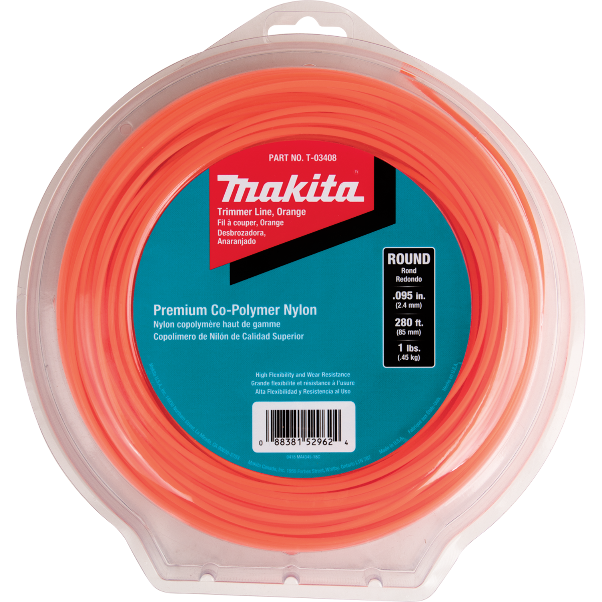 Makita T-03408 Round Trimmer Line, 0.095", Orange, 280"™, 1 lbs.