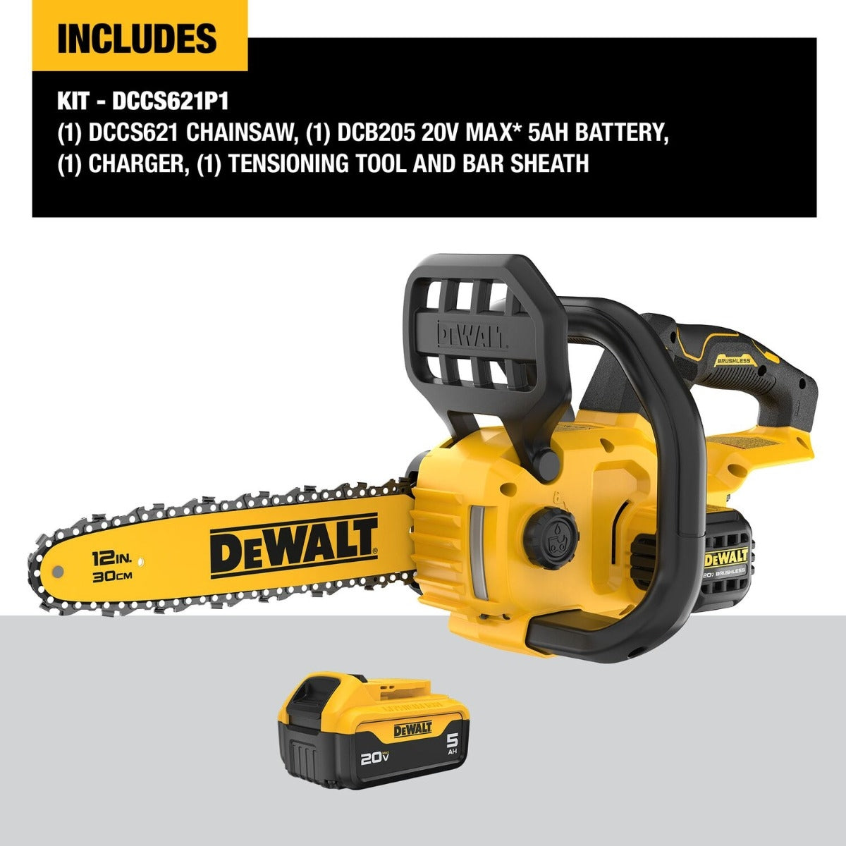 DeWalt DCCS621P1 20V MAX* Compact Brushless 12 in. Chainsaw 5.0Ah Kit