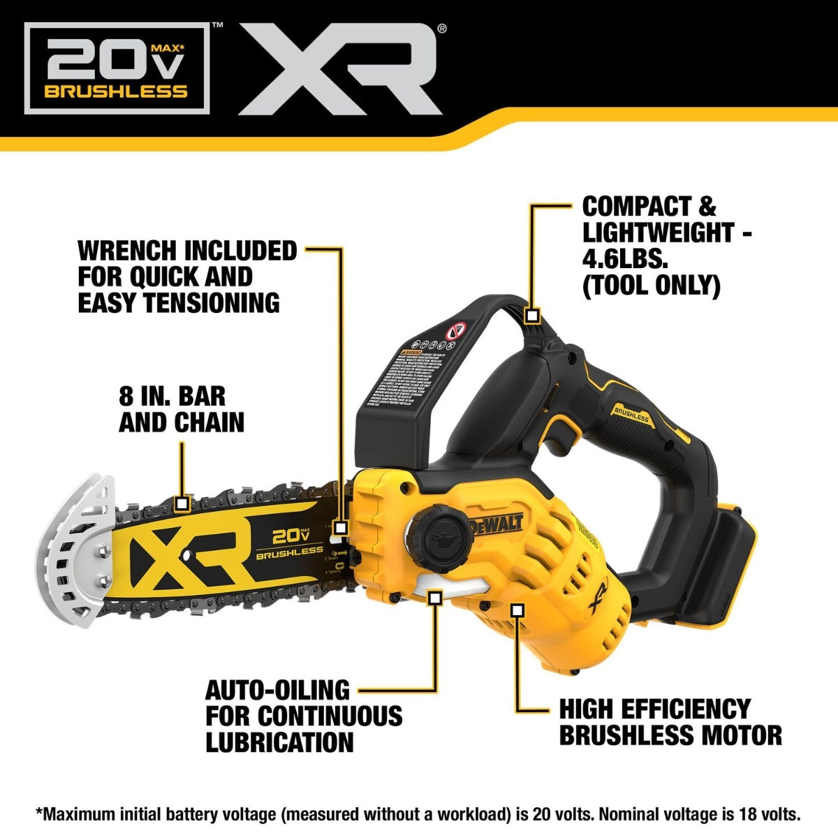 DeWalt DCCS623B 20V MAX XR Brushless 8 in. Chainsaw, Tool Only