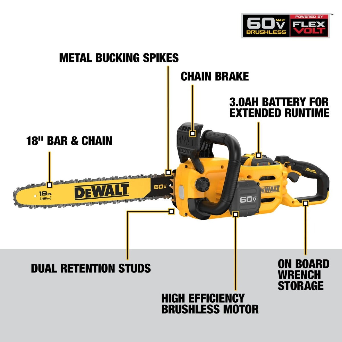 DeWALT DCCS672X1 FLEXVOLT 60V MAX 18-in. Brushless Chainsaw 9.0Ah Kit