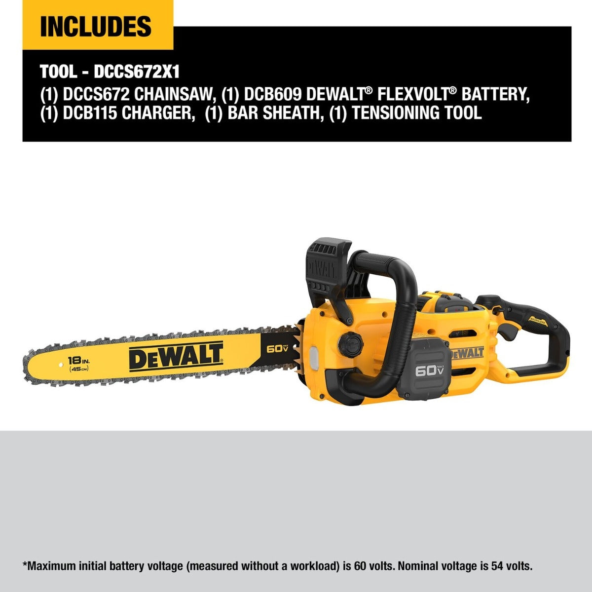 DeWALT DCCS672X1 FLEXVOLT 60V MAX 18-in. Brushless Chainsaw 9.0Ah Kit