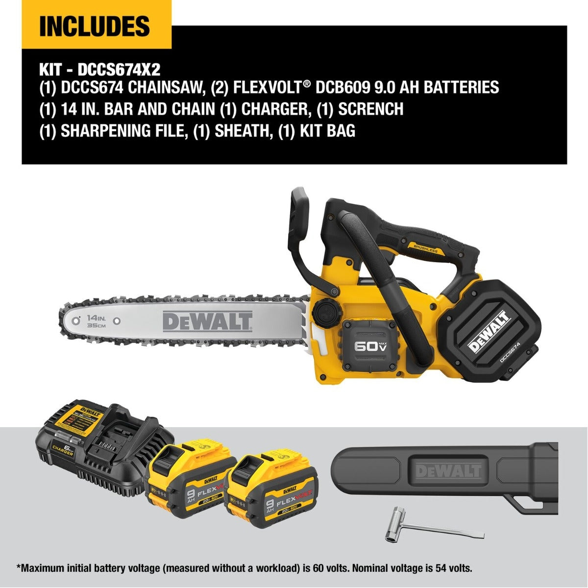 DeWalt DCCS674X2 FLEXVOLT 20V/60V MAX Brushless 14 in. Chainsaw 9.0Ah Kit