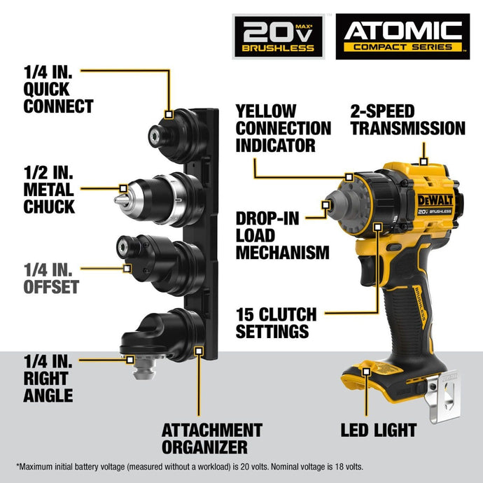 DeWALT DCD803B ATOMIC 20V MAX 5-in-1 Brushless Cordless Multi-Head Dri ...