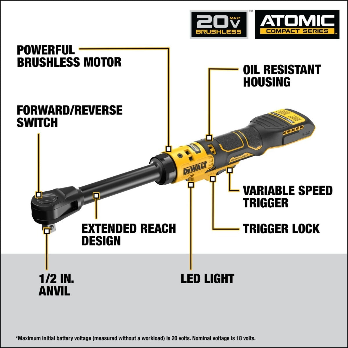 DeWALT DCF512EB 20V MAX ATOMIC Brushless Cordless 1/2-in. Extended Reach Ratchet, Tool Only