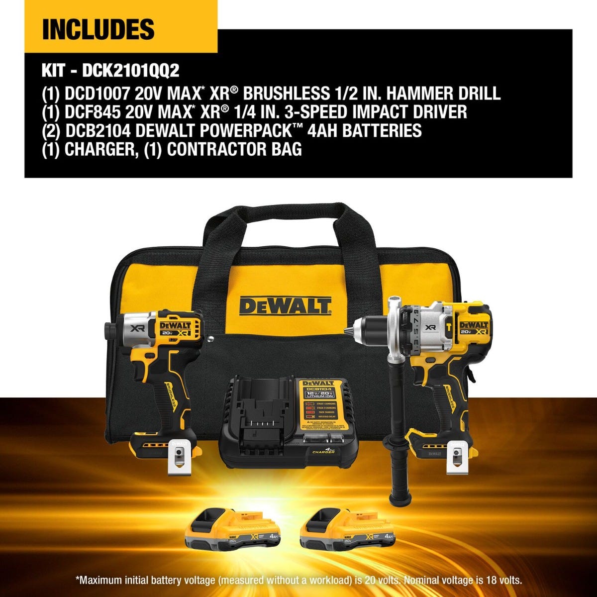 DeWALT DCK2101QQ2 20V MAX XR 2-Tool Hammer Drill/Impact POWERPACK  4.0Ah Combo Kit