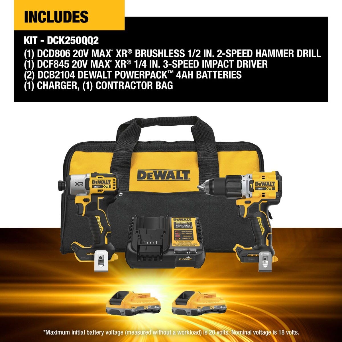 DeWALT DCK250QQ2 20V MAXXR 2-Tool Hammer Drill + Impact POWERPACK 4.0Ah Combo Kit