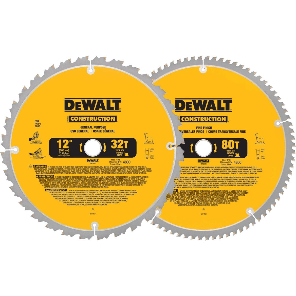 DeWalt DW3128P5 Construction 12-Inch Saw Blades, 32-Tooth and 80-Tooth
