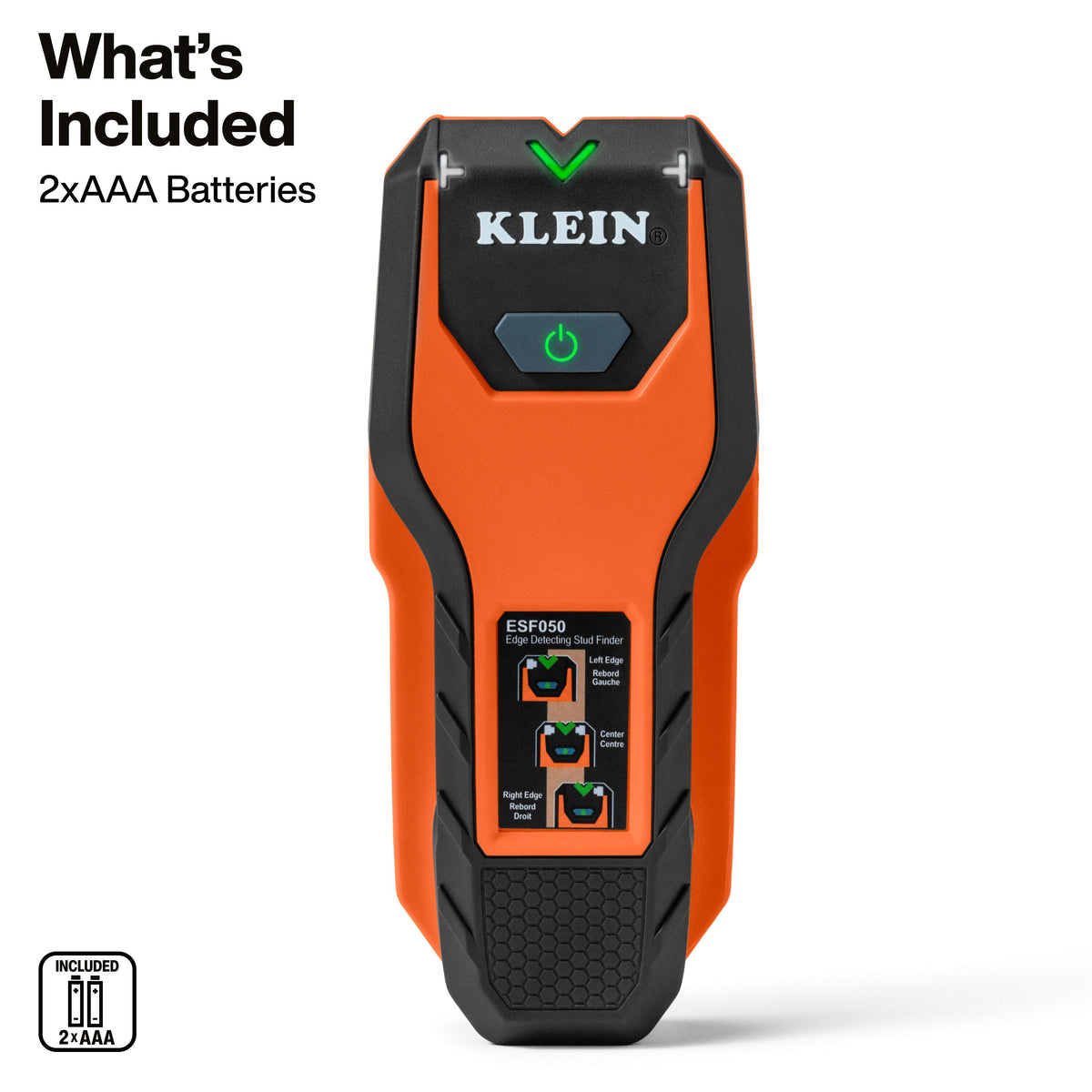 Klein Tools Edge-to-Edge Stud Finder (ESF050) LED indicators showing stud edges and center on a drywall wall