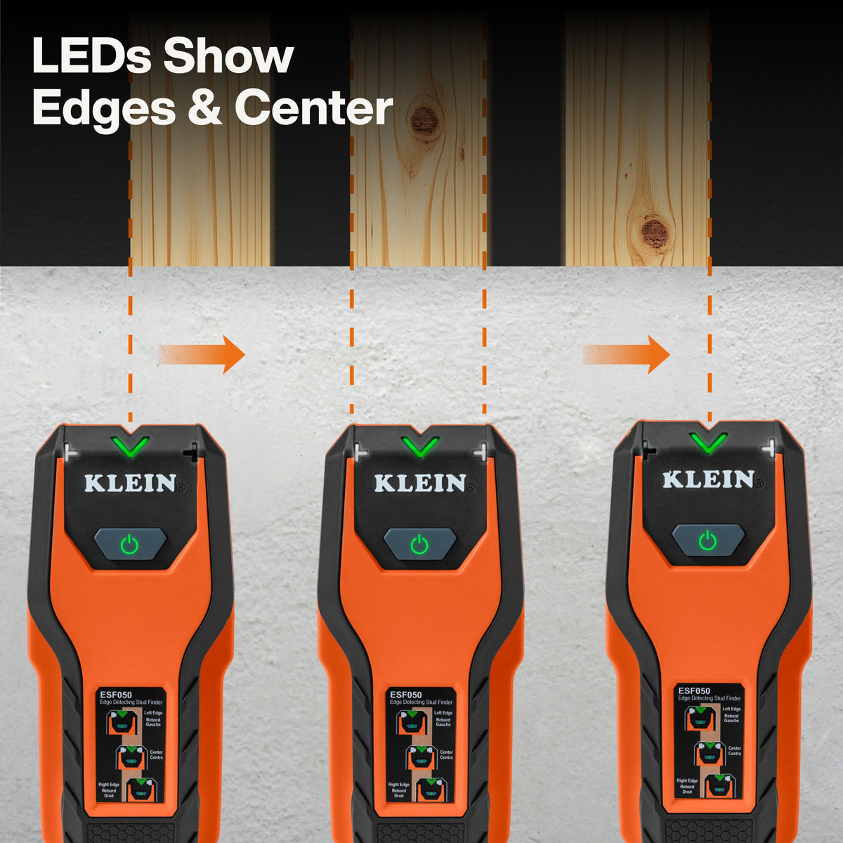 Klein Tools Edge-to-Edge Stud Finder (ESF050) scanning a wall to find first edge, center and second edge in one pass