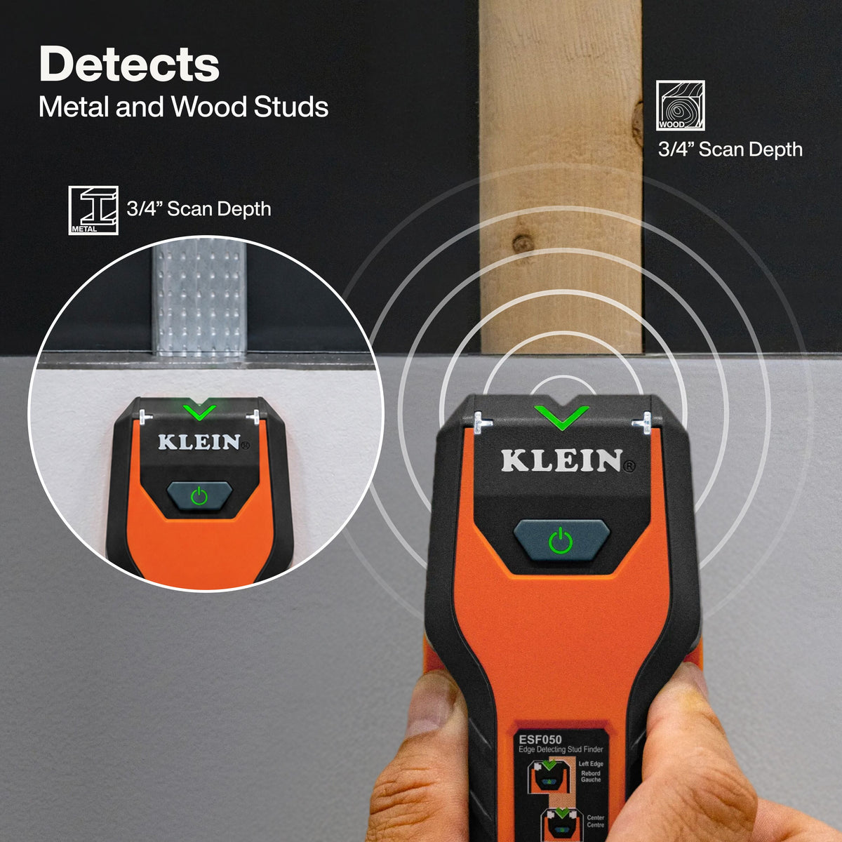 Klein Tools Edge-to-Edge Stud Finder (ESF050) single-touch backlit power button
