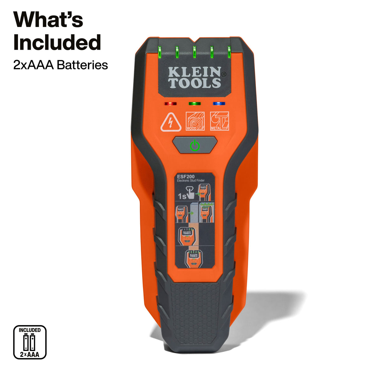 Klein Tools ESF200 stud finder LED indicators showing the full width and edges of a stud