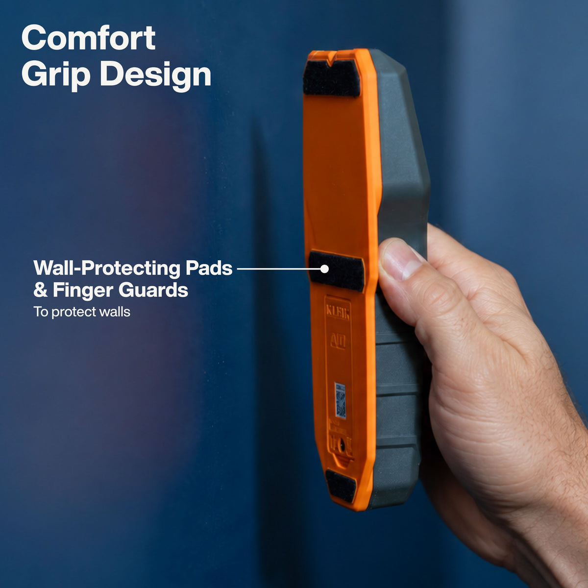 Klein Tools ESF200 stud finder detecting wood, metal and live AC wiring behind a wall
