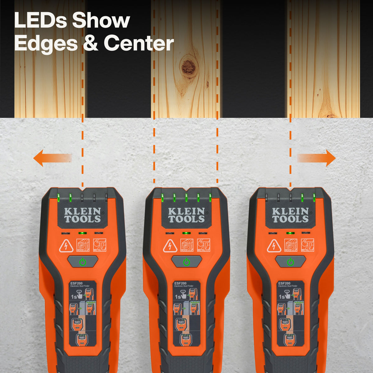 Klein Tools ESF200 stud finder scan depths for wood, ferrous metal and AC voltage