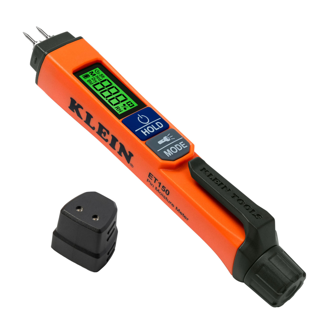 Klein Tools ET150 pin moisture meter with color-coded LCD and protective pin cap