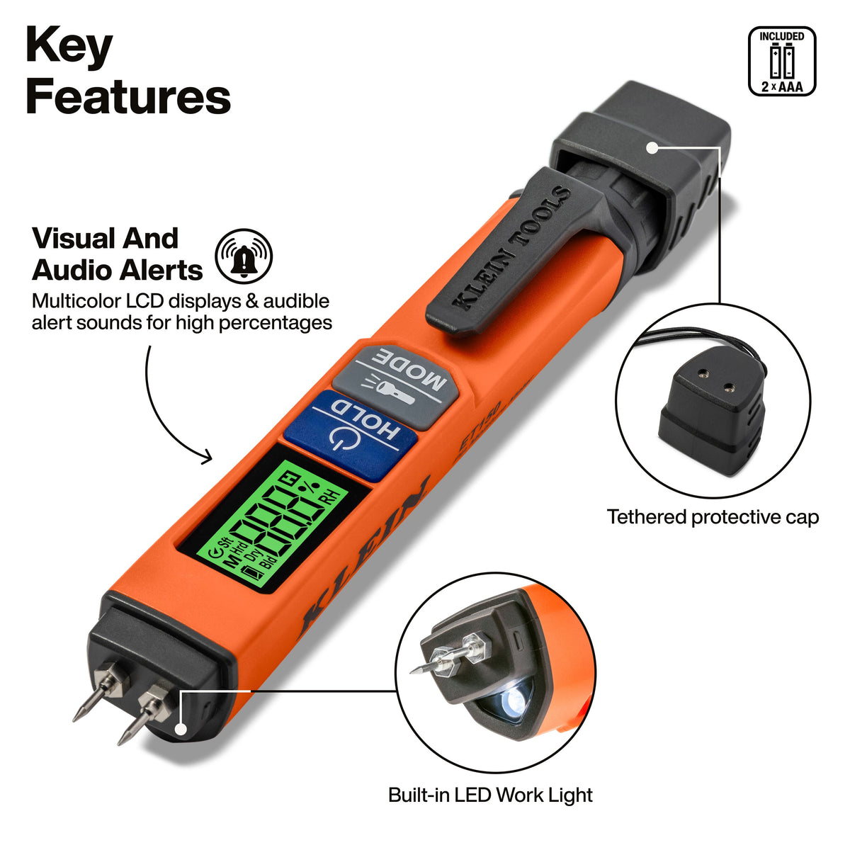 Klein Tools ET150 pin moisture meter stainless steel pins measuring moisture in wood and drywall