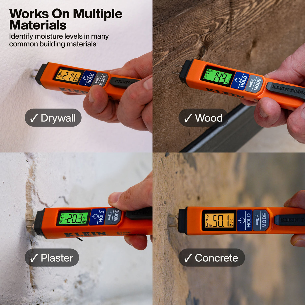 Klein Tools ET150 moisture meter calibrated modes for hardwood, softwood, drywall and building materials