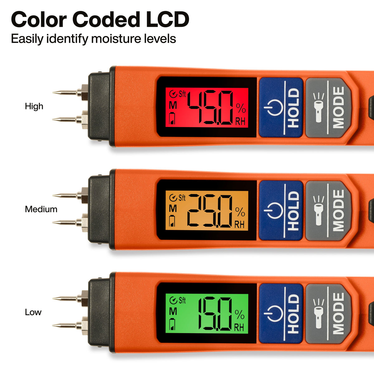 Klein Tools ET150 pin moisture meter color-coded backlit display showing low, medium and high moisture